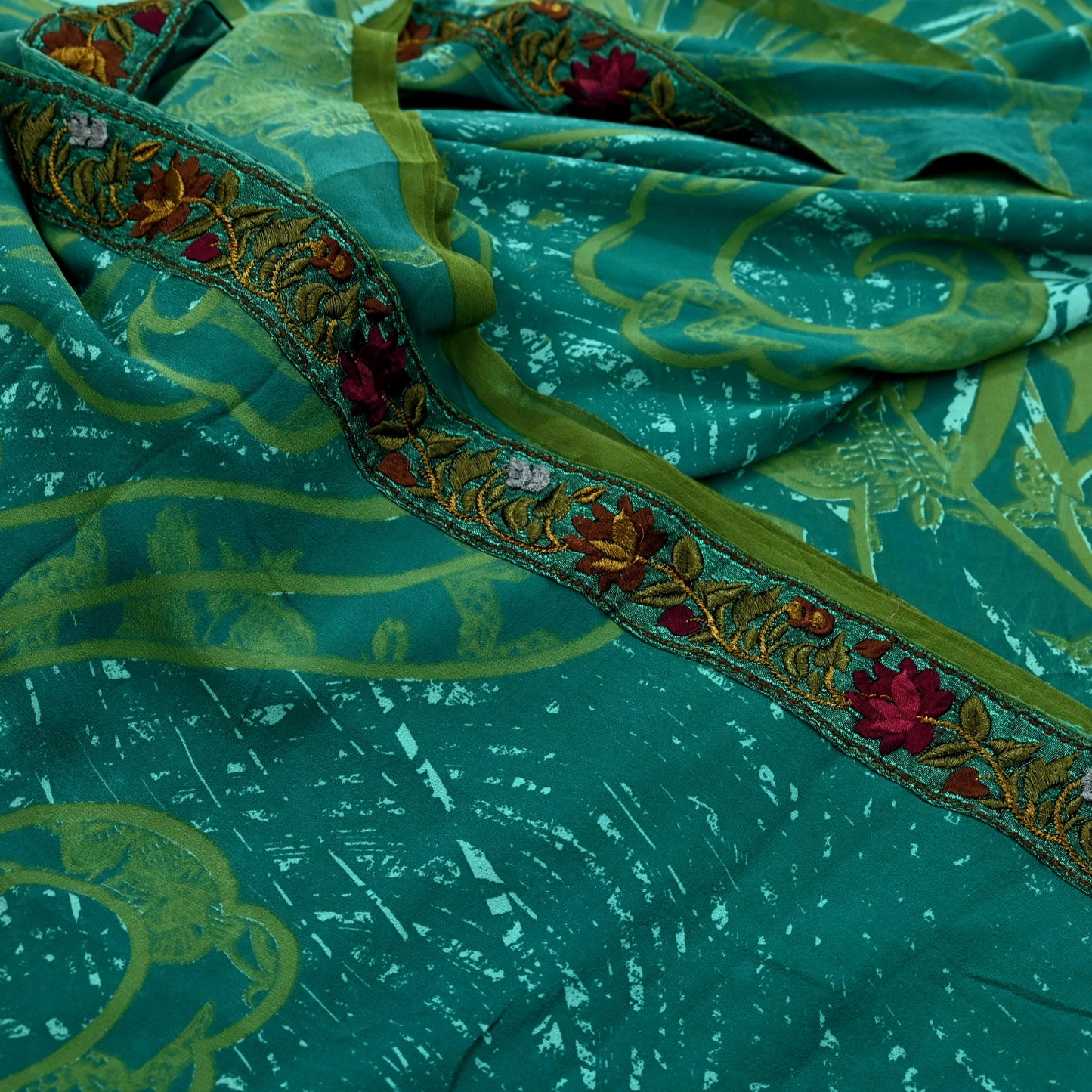 Women Vintage Sari Green 100% Pure Georgette Silk Printed Saree Craft Fabric Sewing 5Yd Soft Sari Dress Making Upcycle Quilting Crafting