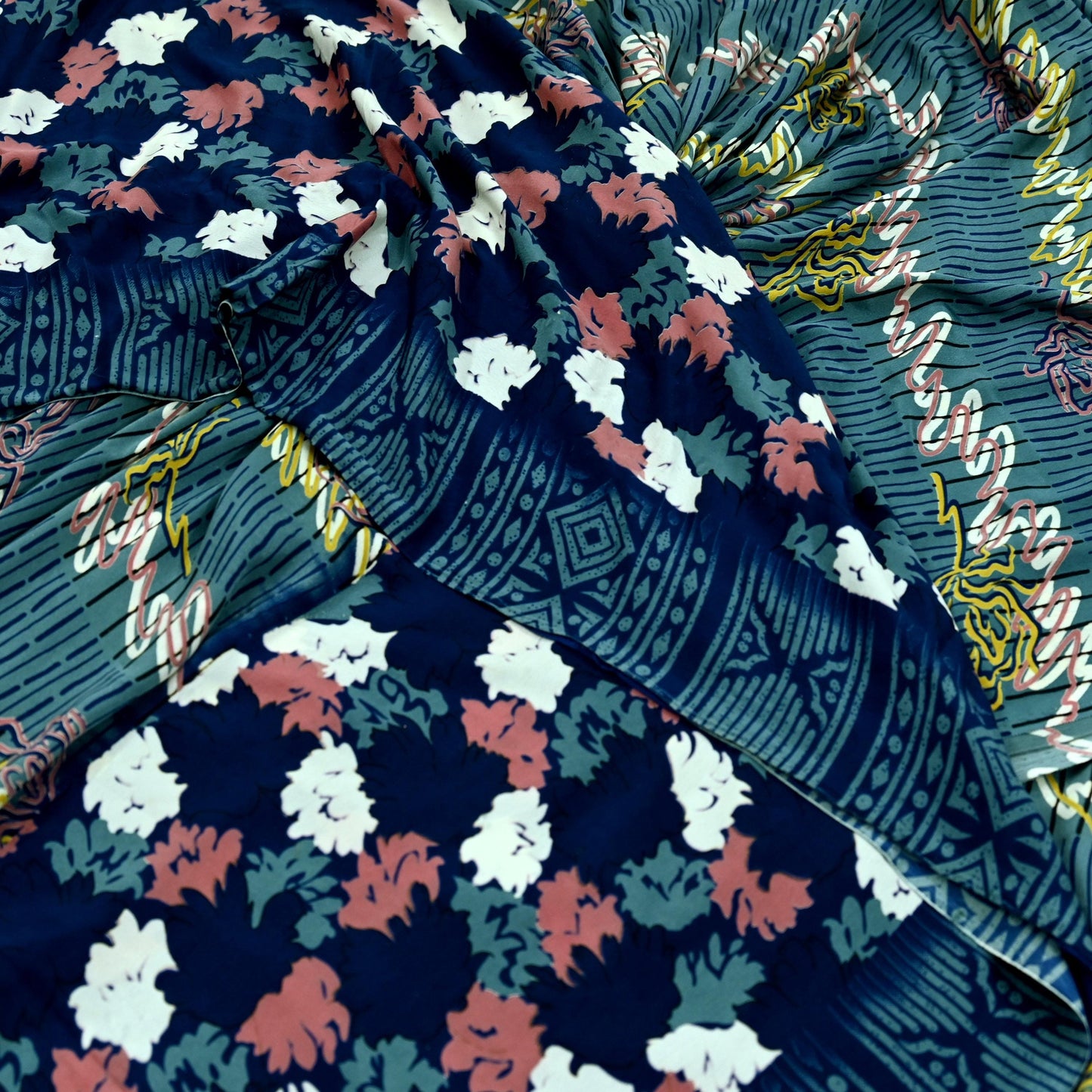 Indian Vintage Blue & Gray Sarees Moss Crepe Printed Sari 5yd Sewing Floral Soft Craft Fabric DressMaking For Crafting Quilting Upcycle