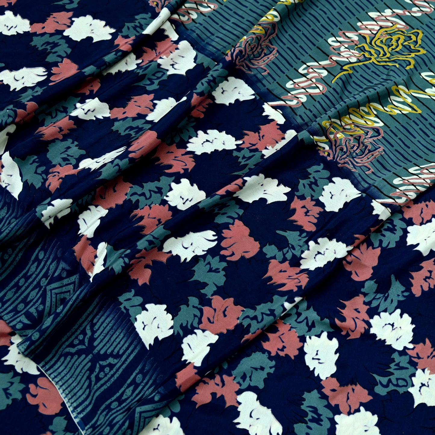 Indian Vintage Blue & Gray Sarees Moss Crepe Printed Sari 5yd Sewing Floral Soft Craft Fabric DressMaking For Crafting Quilting Upcycle