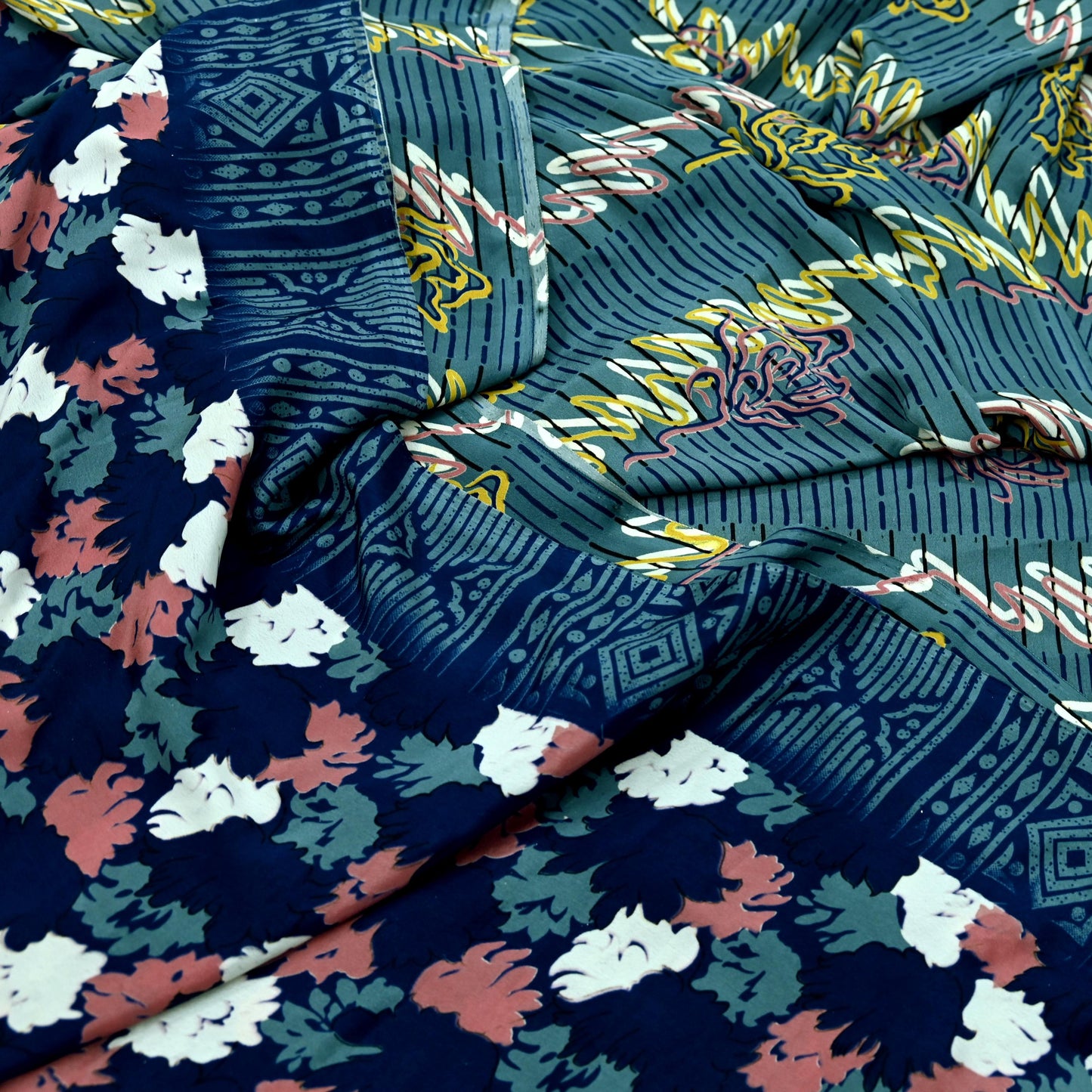 Indian Vintage Blue & Gray Sarees Moss Crepe Printed Sari 5yd Sewing Floral Soft Craft Fabric DressMaking For Crafting Quilting Upcycle