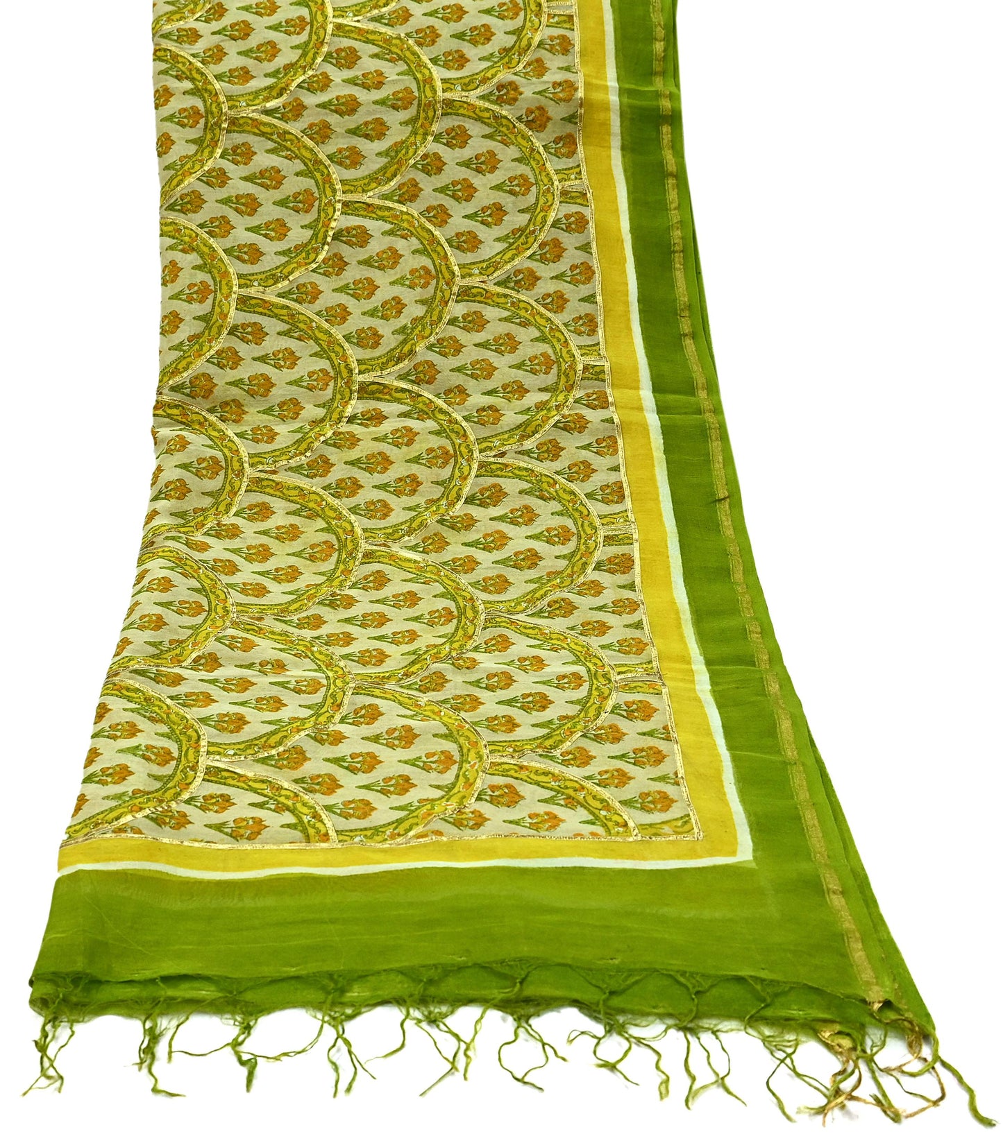 Indian Vintage Dupatta Beige Long Stole Printed Woven Gota patti Pure Chanderi Silk Scarves Veil Golden Zari Soft Fringes
