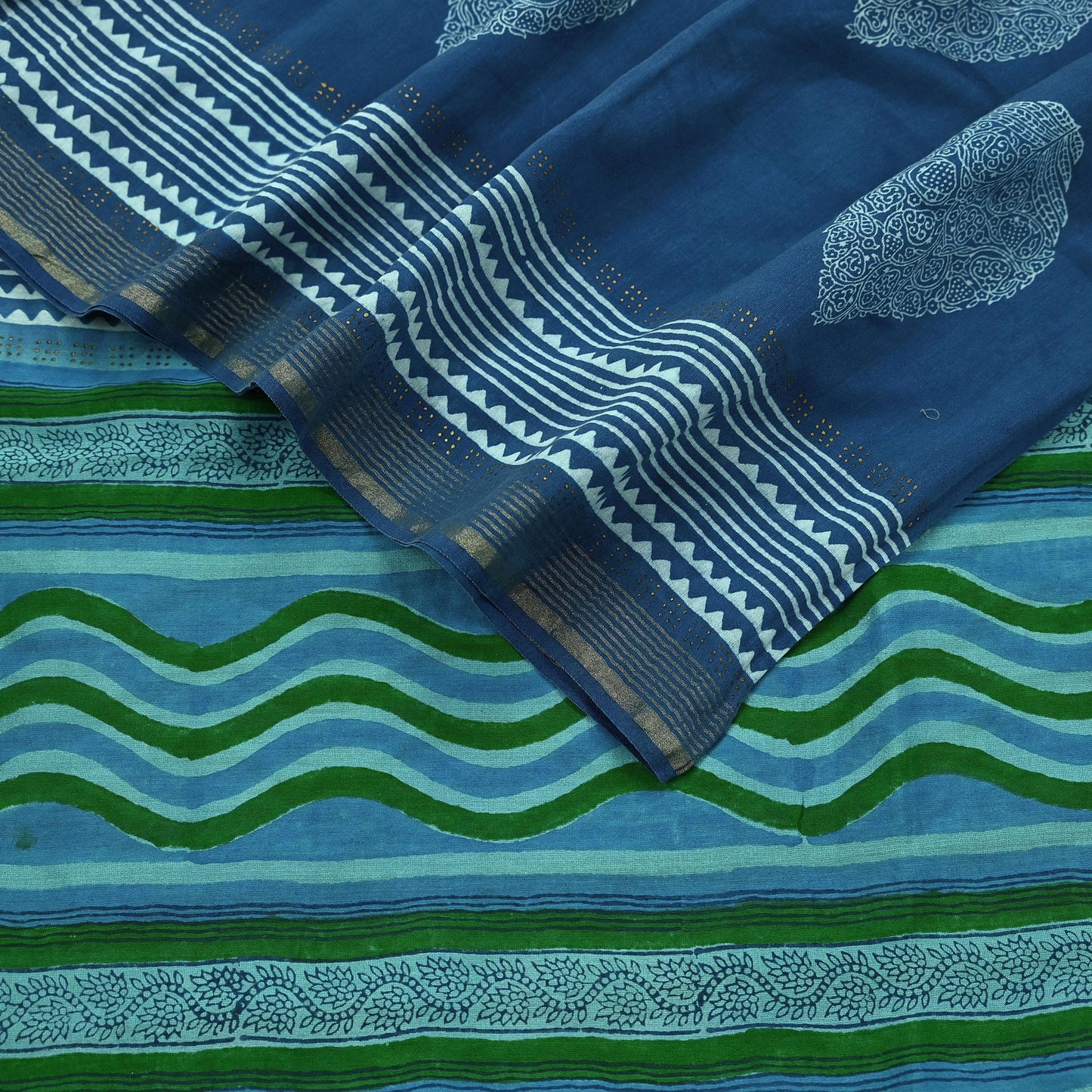Indian Vintage Blue & Green Dupatta Long Stole Hand Block Print Pure Chanderi Silk Scarves Veil Golden Zari