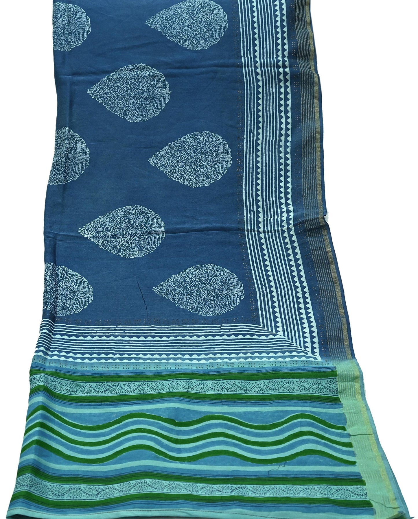 Indian Vintage Blue & Green Dupatta Long Stole Hand Block Print Pure Chanderi Silk Scarves Veil Golden Zari