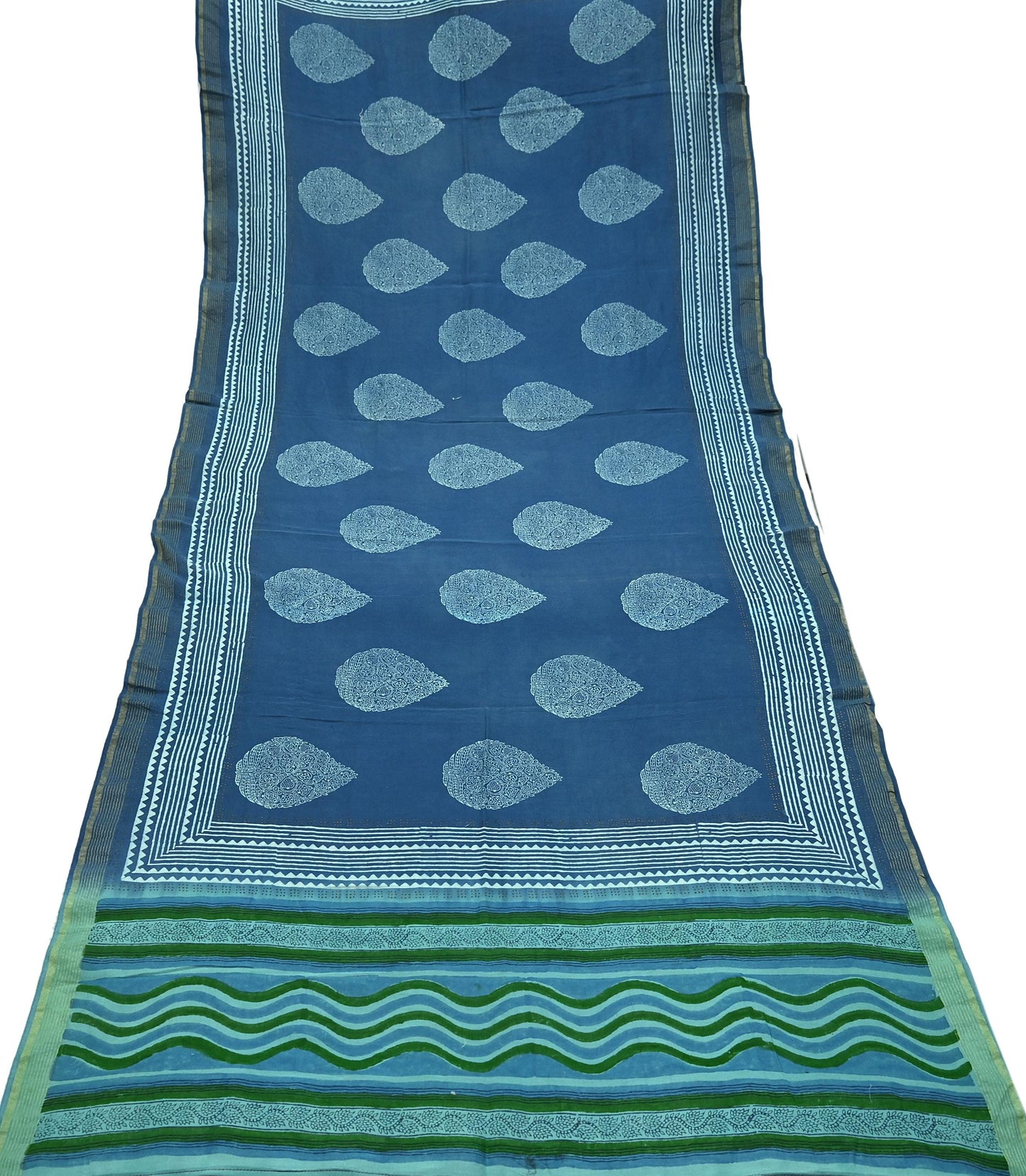 Indian Vintage Blue & Green Dupatta Long Stole Hand Block Print Pure Chanderi Silk Scarves Veil Golden Zari