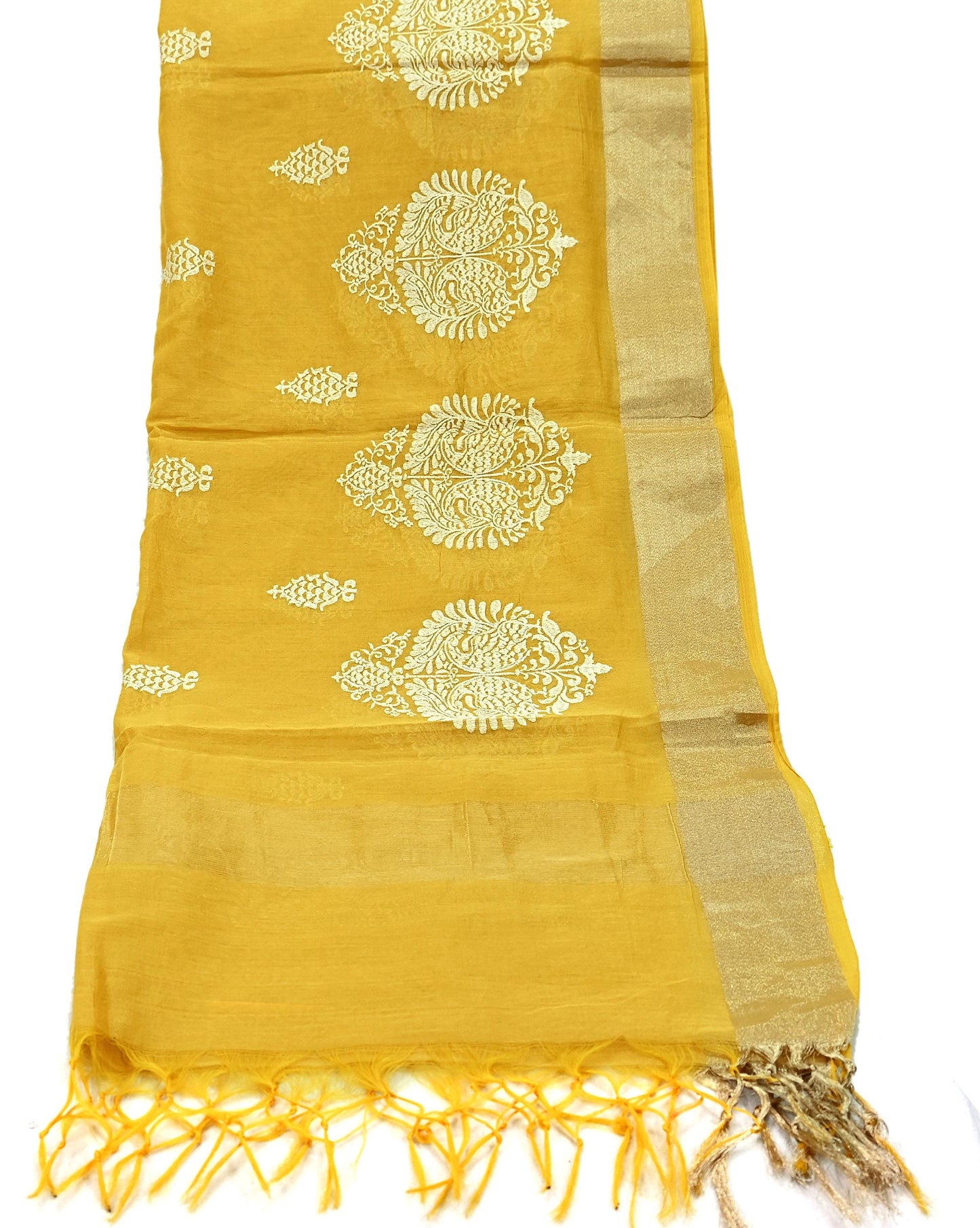 Indian Vintage Mustard Dupatta Long Stole Chanderi Woven Scarves Veil Scarf Wrap Hippie Boho Soft Floral Fringes