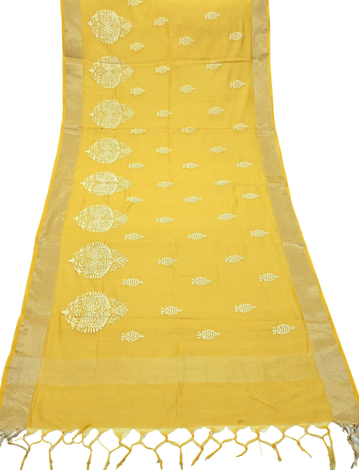 Indian Vintage Mustard Dupatta Long Stole Chanderi Woven Scarves Veil Scarf Wrap Hippie Boho Soft Floral Fringes