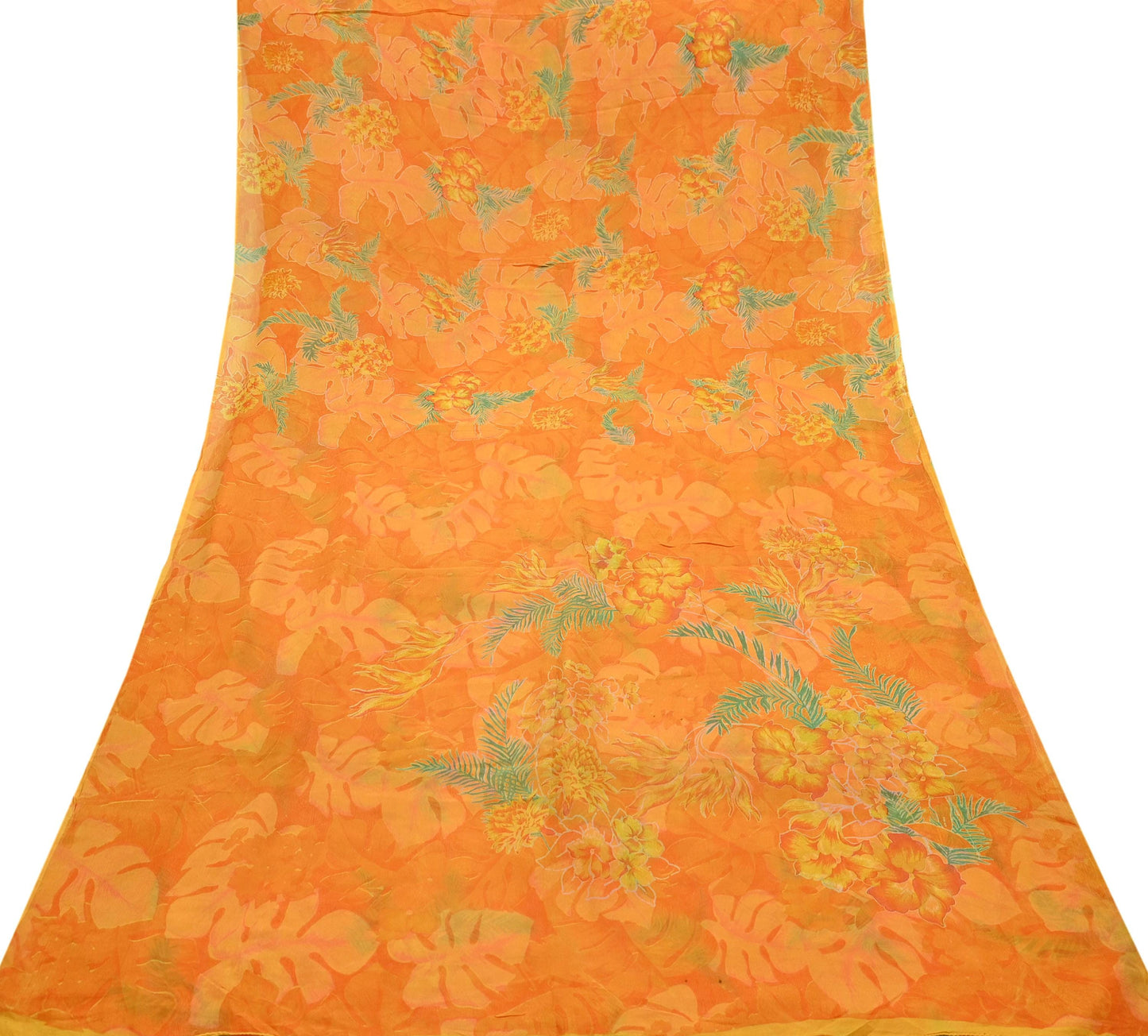 Indian Vintage Sari Orange Pure Chiffon Silk Printed Sarees 5Yd Craft Fabric Sewing Soft Light Sari Dress Making Quilting For Crating