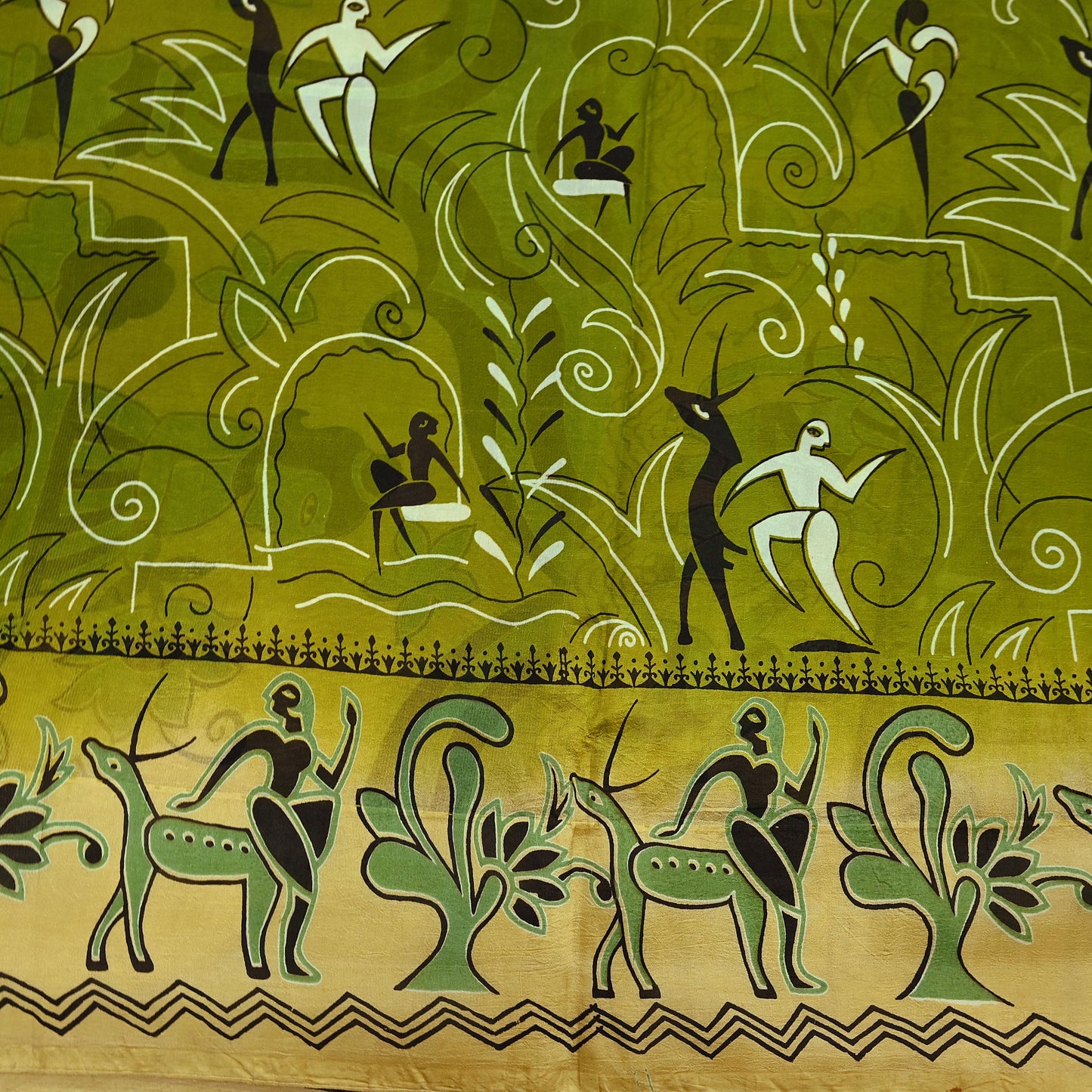 Indian Vintage Sari Beige & green Pure Silk Warli Printed Saree Craft Fabric 5Yd Dress making Sewing Dress making For Crafting Quilting