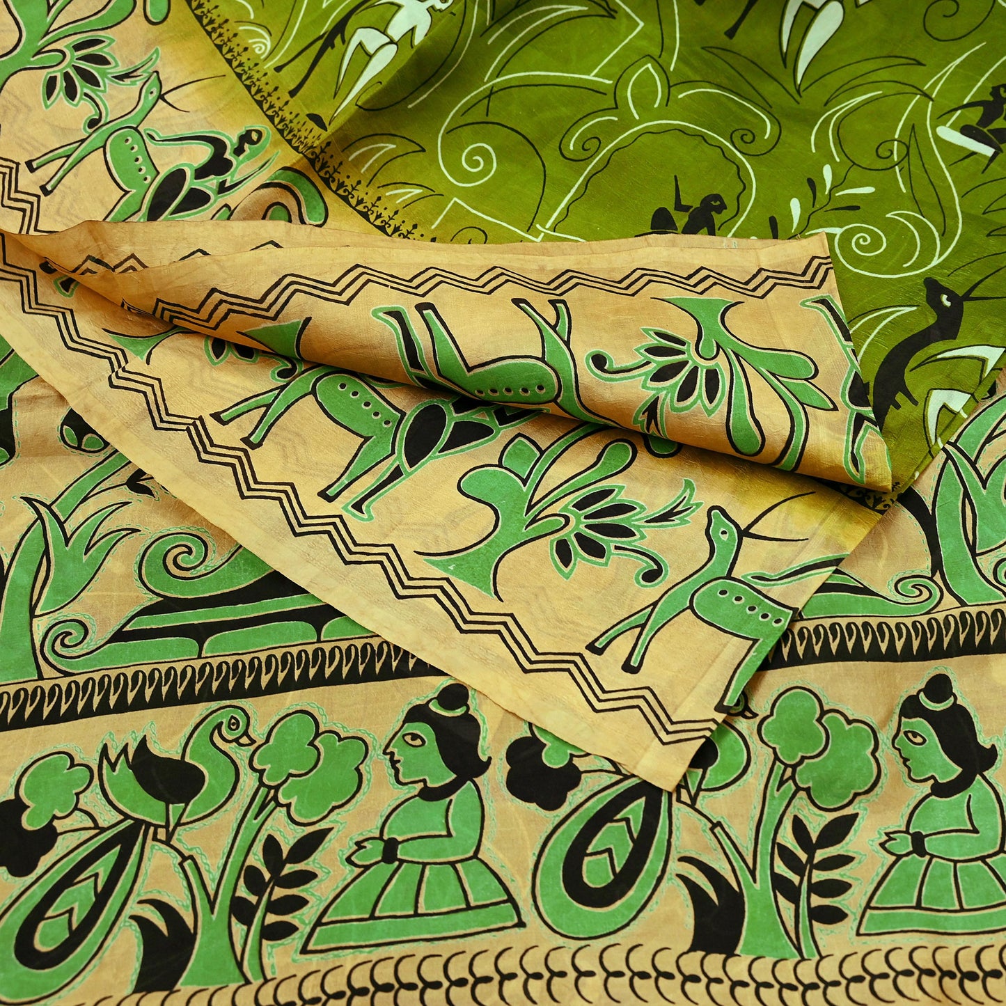 Indian Vintage Sari Beige & green Pure Silk Warli Printed Saree Craft Fabric 5Yd Dress making Sewing Dress making For Crafting Quilting