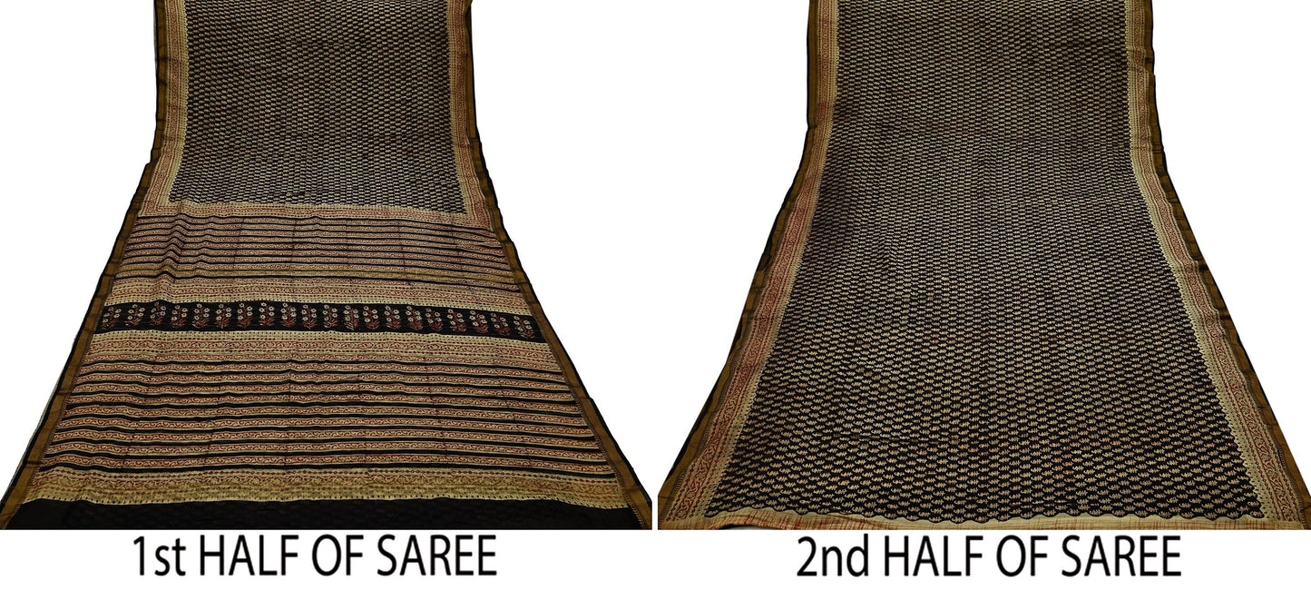 Indian Vintage Sari Beige & Black Pure chanderi Silk Bagru Printed Sarees Craft Fabric 5Yd Floral Soft Zari Border Ethnic Dress making