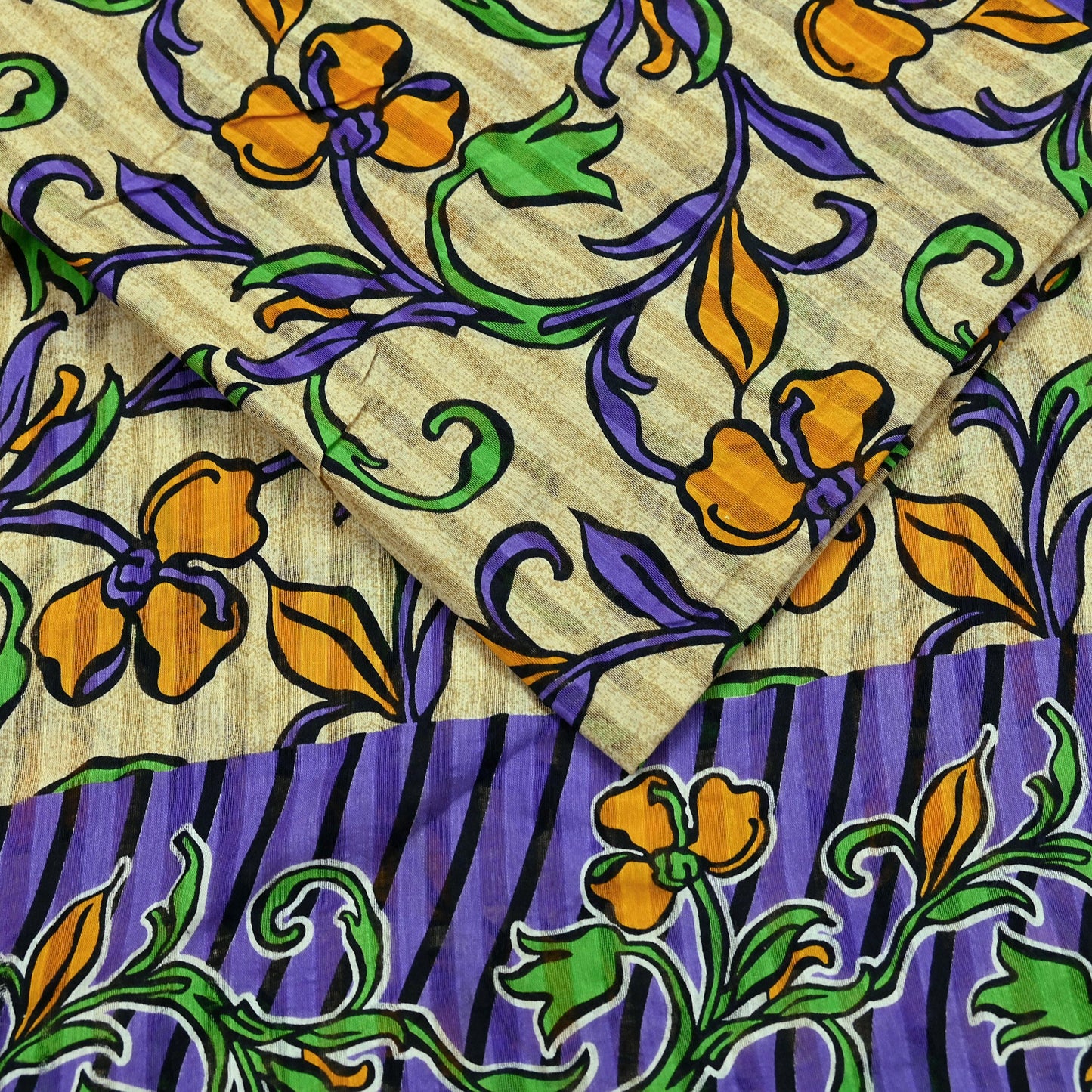 Indian Vintage Sari Beige & Purple Pure Cotton Printed Sarees Craft Fabric Soft 5Yd Sarong Wrap Boho Fabric Kimono Quilting Crafting Upcycle