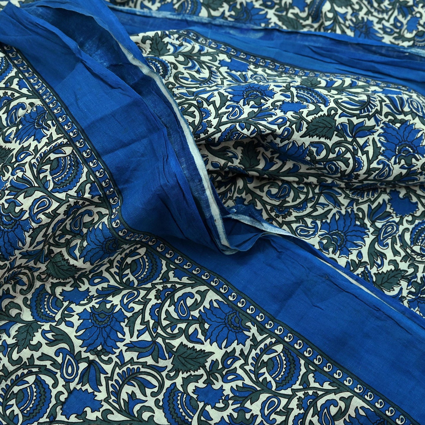 Indian Vintage Sari Ivory & Blue Printed Pure Cotton Sarees 5Yd Craft Fabric Sewing Sarong Wrap Boho Upcycle quilting Dress making