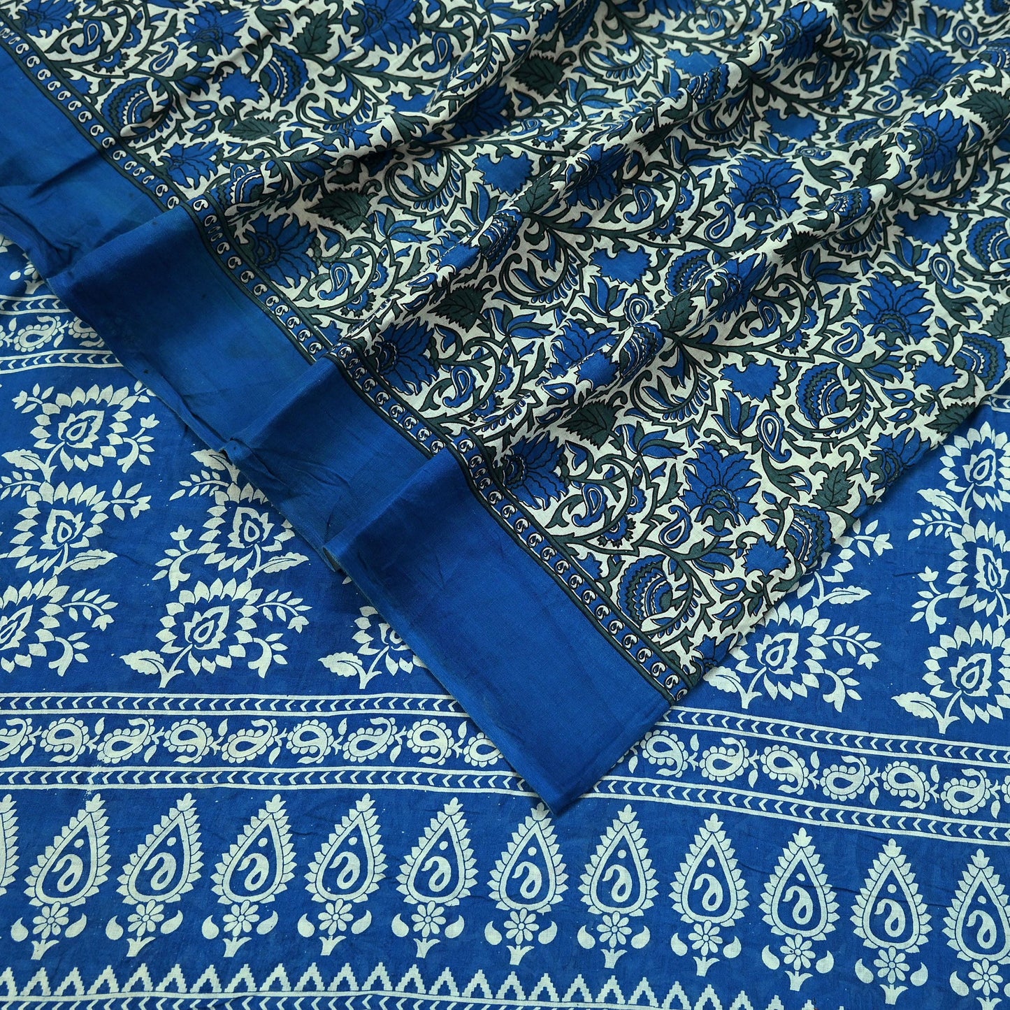 Indian Vintage Sari Ivory & Blue Printed Pure Cotton Sarees 5Yd Craft Fabric Sewing Sarong Wrap Boho Upcycle quilting Dress making