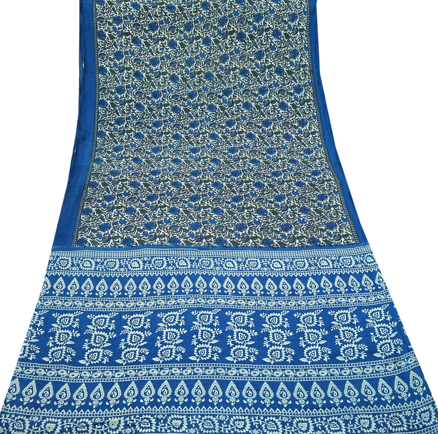 Indian Vintage Sari Ivory & Blue Printed Pure Cotton Sarees 5Yd Craft Fabric Sewing Sarong Wrap Boho Upcycle quilting Dress making