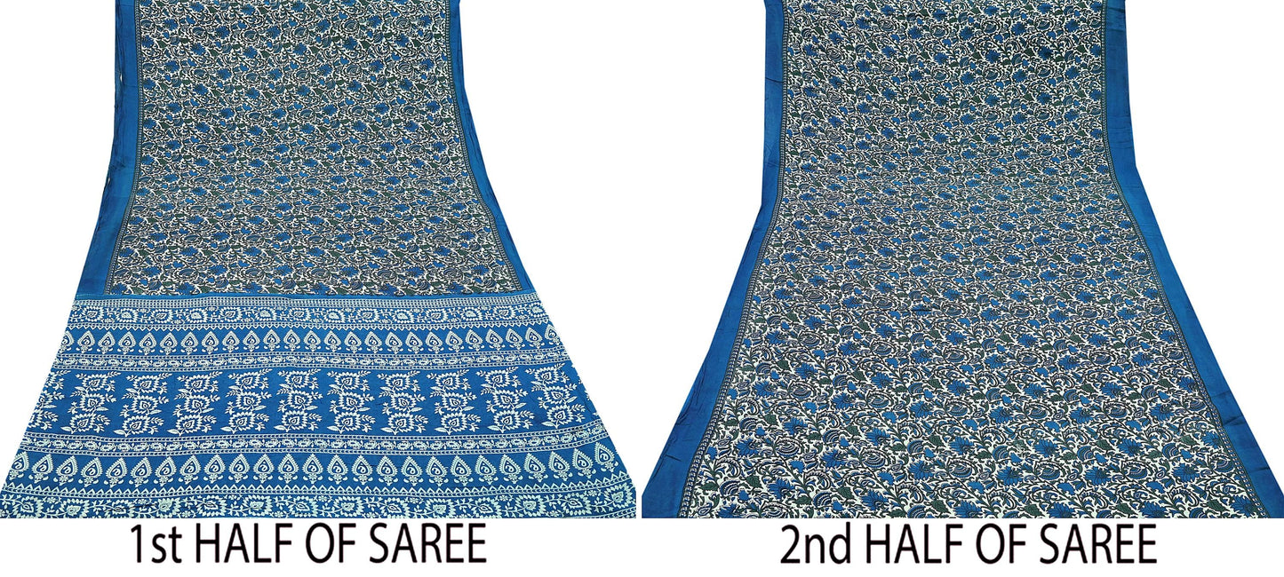 Indian Vintage Sari Ivory & Blue Printed Pure Cotton Sarees 5Yd Craft Fabric Sewing Sarong Wrap Boho Upcycle quilting Dress making