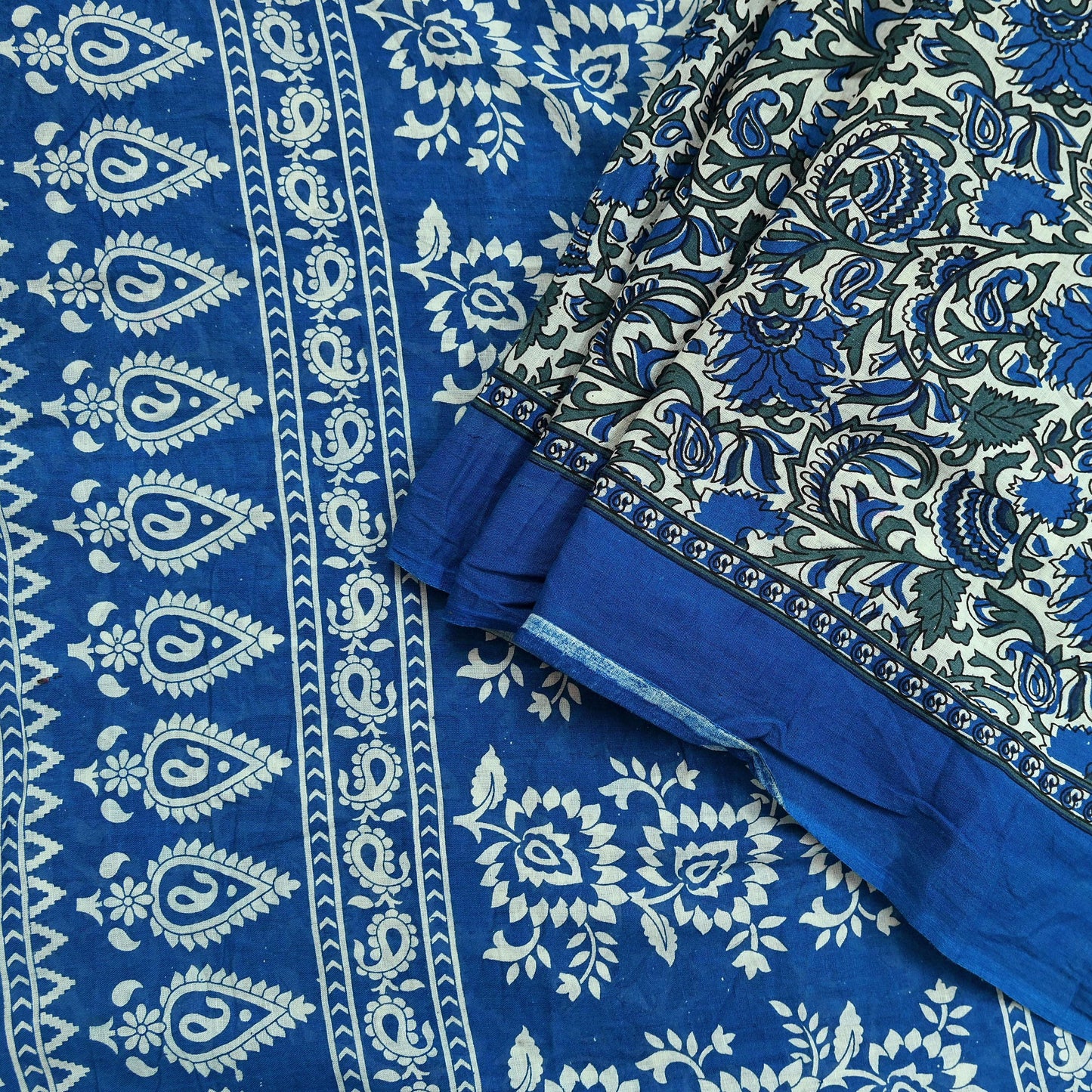 Indian Vintage Sari Ivory & Blue Printed Pure Cotton Sarees 5Yd Craft Fabric Sewing Sarong Wrap Boho Upcycle quilting Dress making