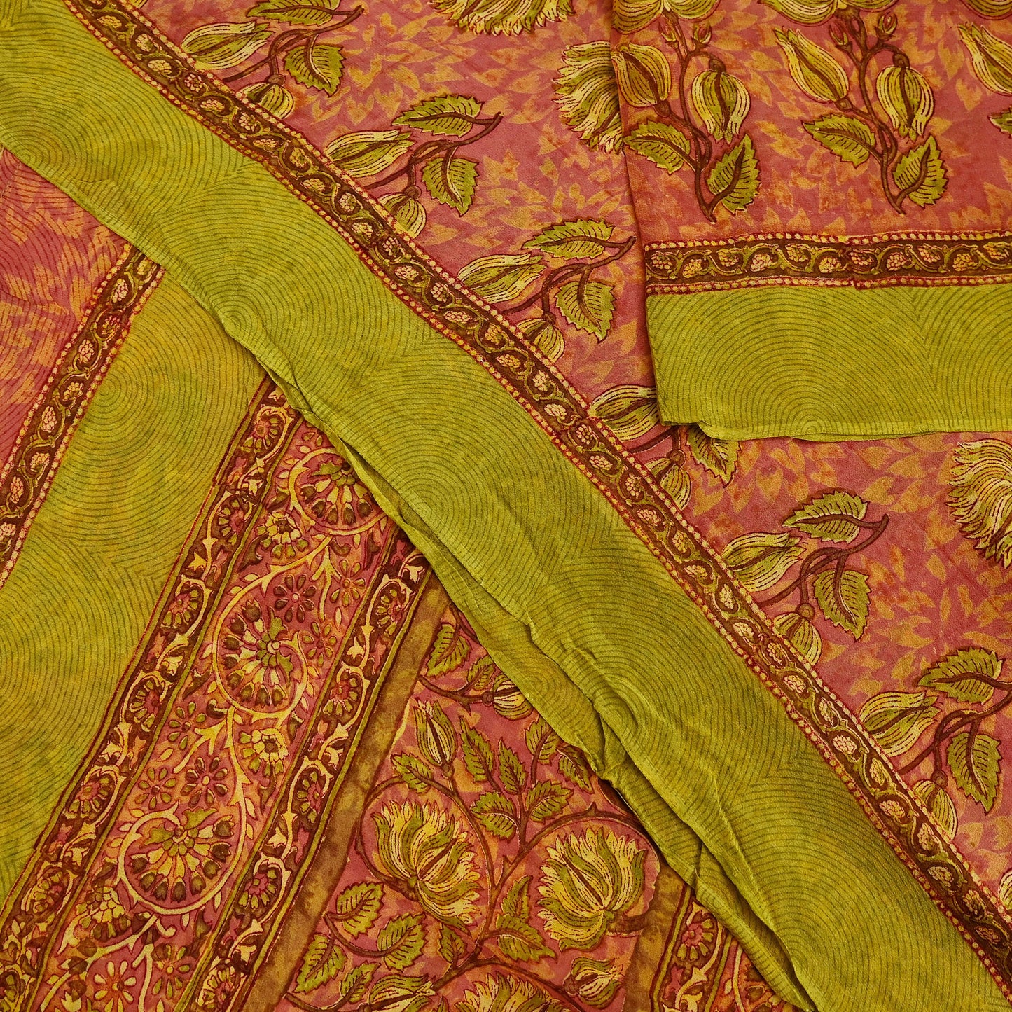 Indian Women Vintage Sari Pink & Green Pure Georgette Silk Printed Saree Sewing 5yd Soft Craft Abstract Design Wrap Boho