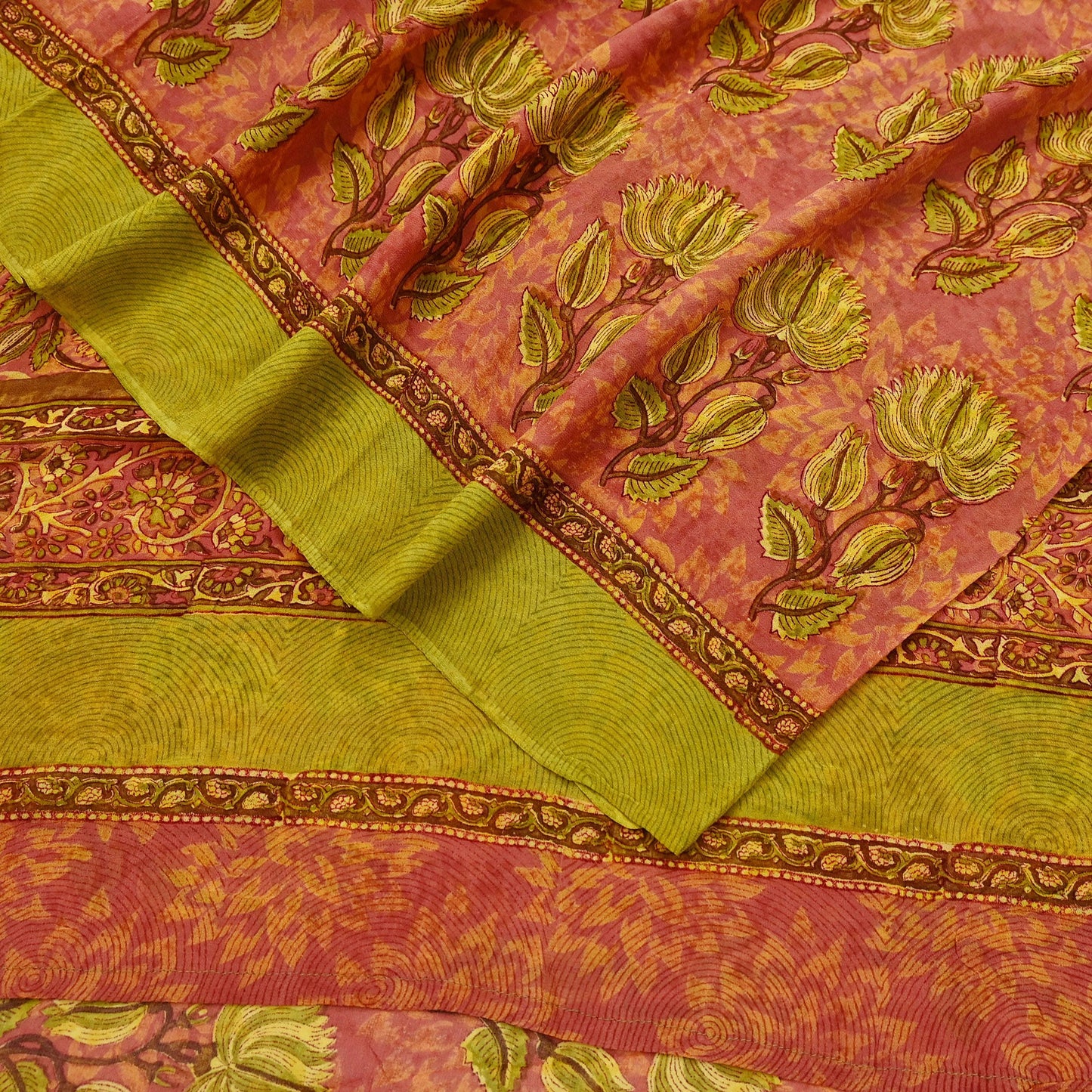 Indian Women Vintage Sari Pink & Green Pure Georgette Silk Printed Saree Sewing 5yd Soft Craft Abstract Design Wrap Boho