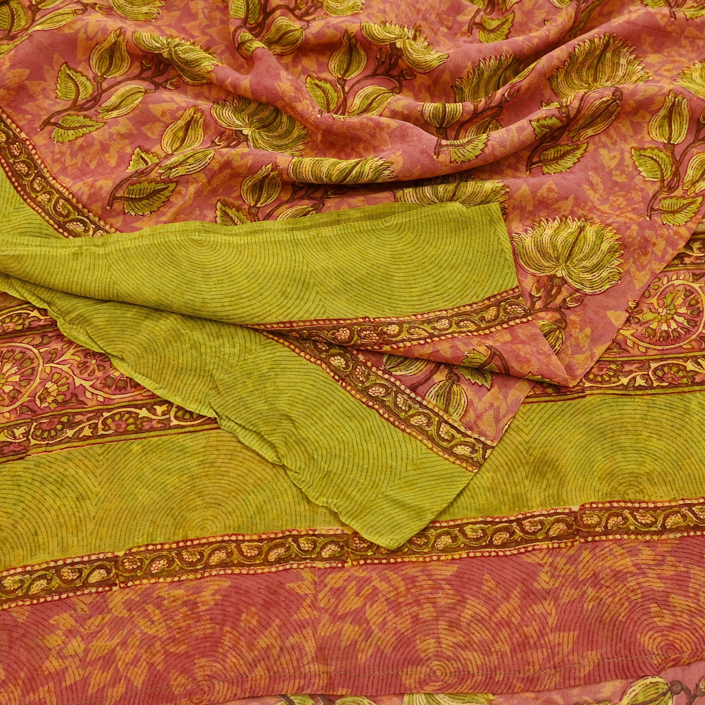 Indian Women Vintage Sari Pink & Green Pure Georgette Silk Printed Saree Sewing 5yd Soft Craft Abstract Design Wrap Boho