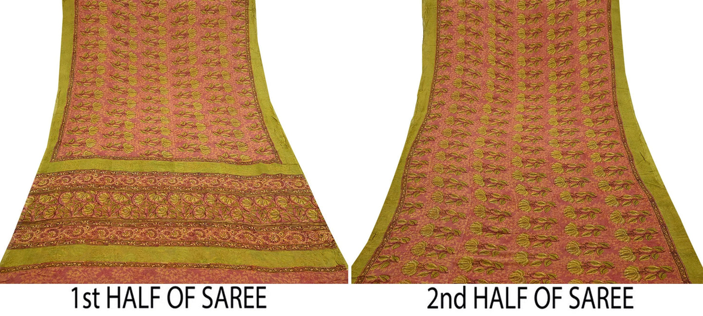 Indian Women Vintage Sari Pink & Green Pure Georgette Silk Printed Saree Sewing 5yd Soft Craft Abstract Design Wrap Boho