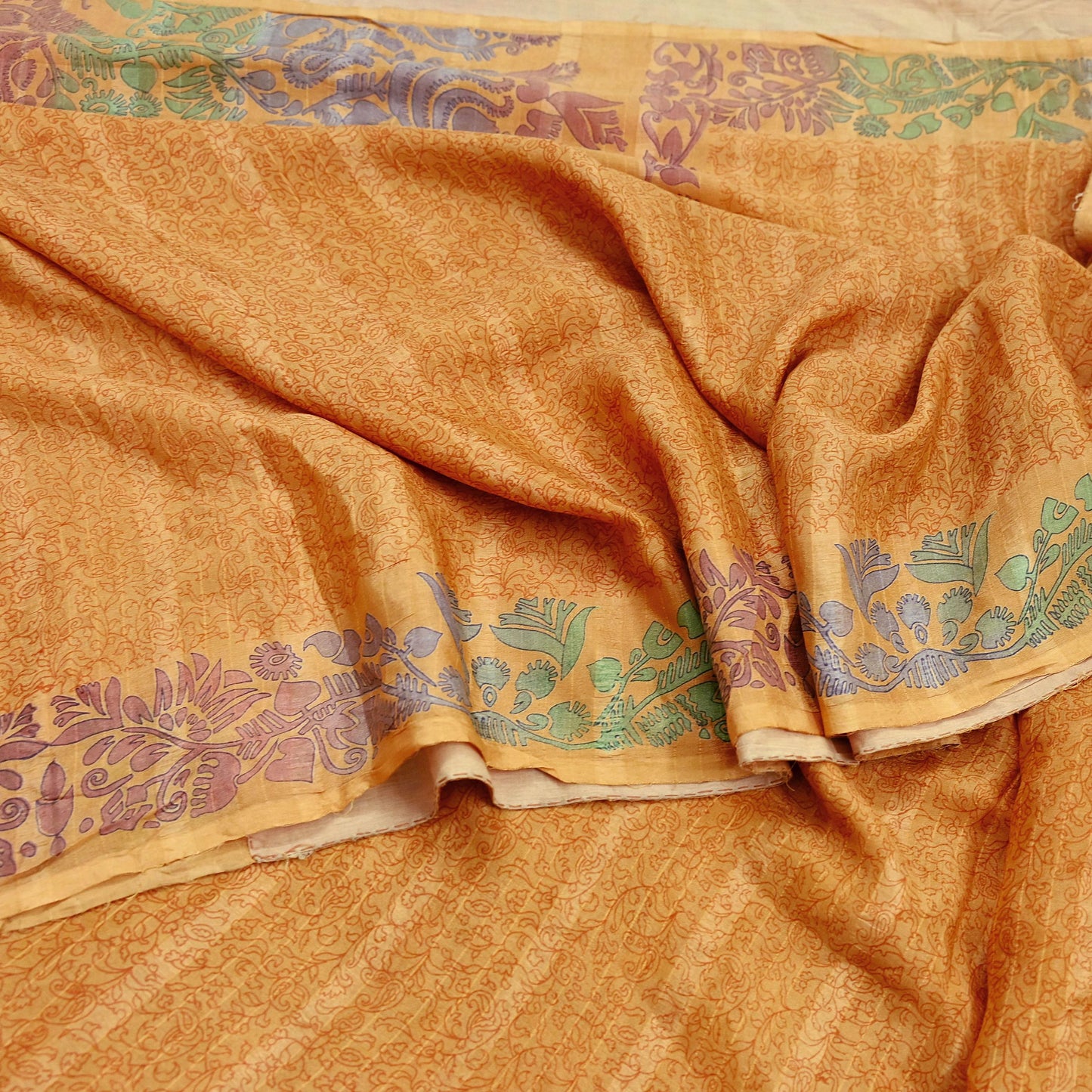 Indian Vintage Sari Saffron 100% Pure Silk Printed Saree 6yd Sewing Craft Fabric Dress Making Soft Wrap Floral Abstract Quilting Crafting
