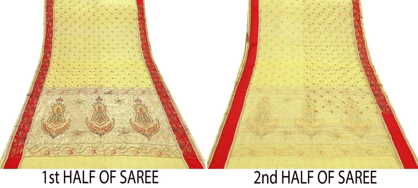 Indian Vintage Sari Yellow Hand Embroidered Saree Pure Organza Silk Craft Fabric 5Yd Ethnic Dress Making Crafting Quilting Zardozi