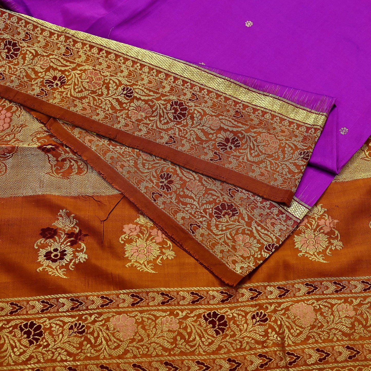 Indian Vintage Heavy Saffron & Purple Kanjivaram Saree 100% Pure Silk Sari Zari 5Yd Floral Crafting Dress making Crafting Quilting