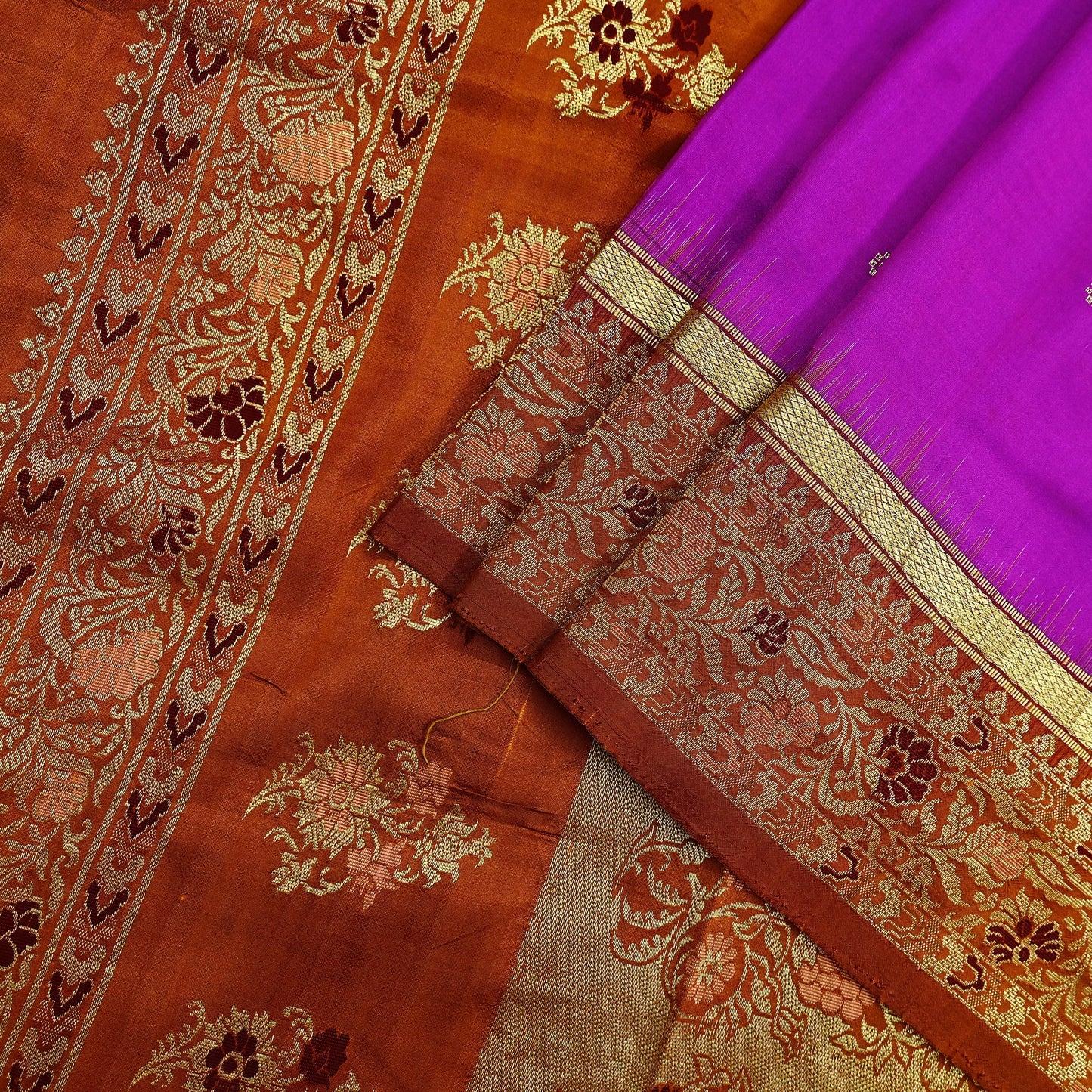 Indian Vintage Heavy Saffron & Purple Kanjivaram Saree 100% Pure Silk Sari Zari 5Yd Floral Crafting Dress making Crafting Quilting