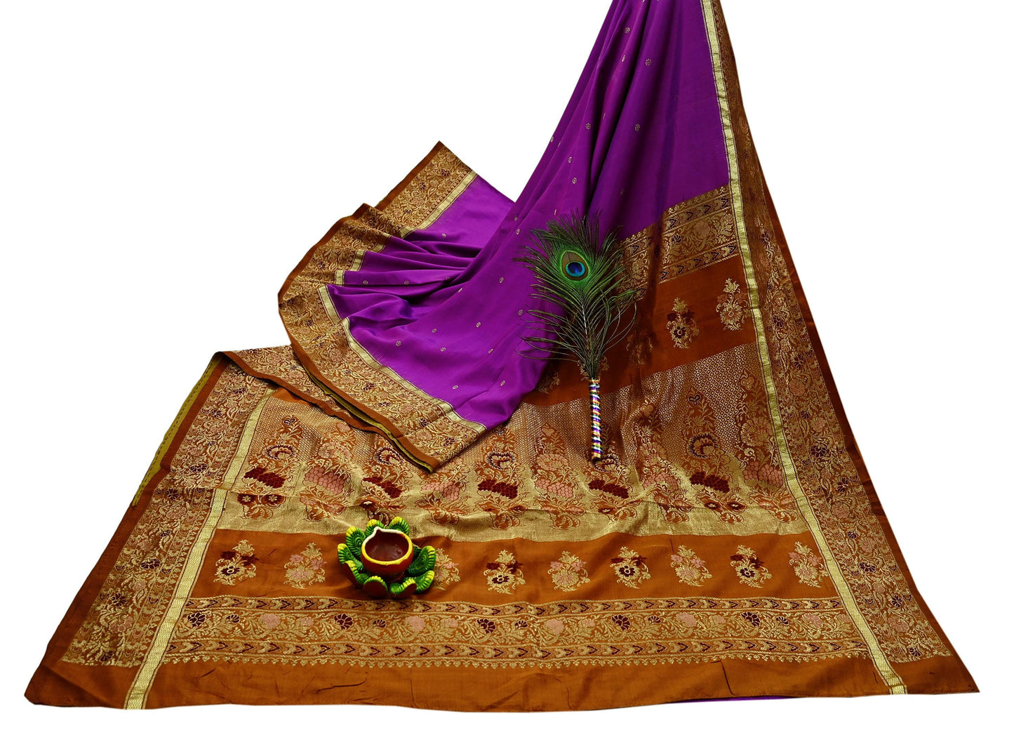 Indian Vintage Heavy Saffron & Purple Kanjivaram Saree 100% Pure Silk Sari Zari 5Yd Floral Crafting Dress making Crafting Quilting