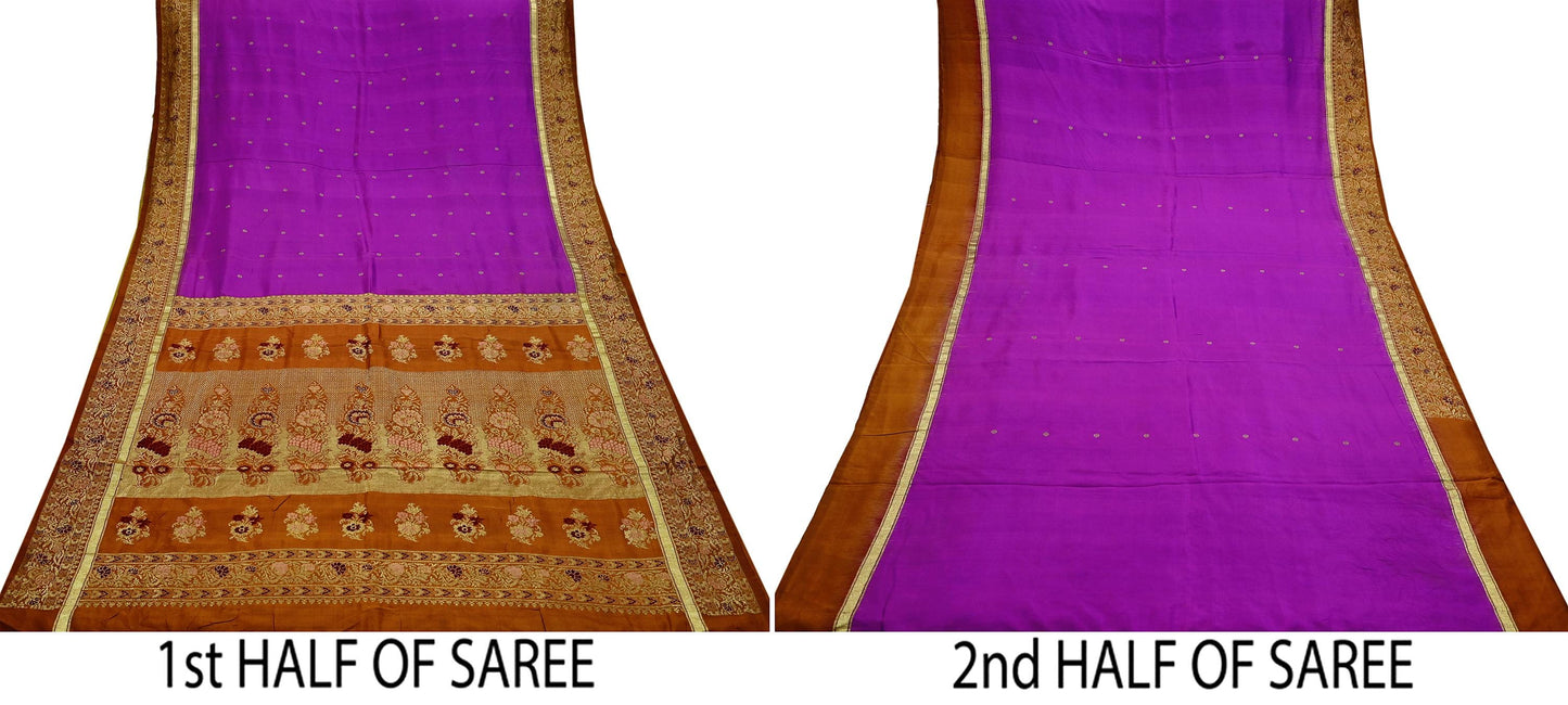 Indian Vintage Heavy Saffron & Purple Kanjivaram Saree 100% Pure Silk Sari Zari 5Yd Floral Crafting Dress making Crafting Quilting