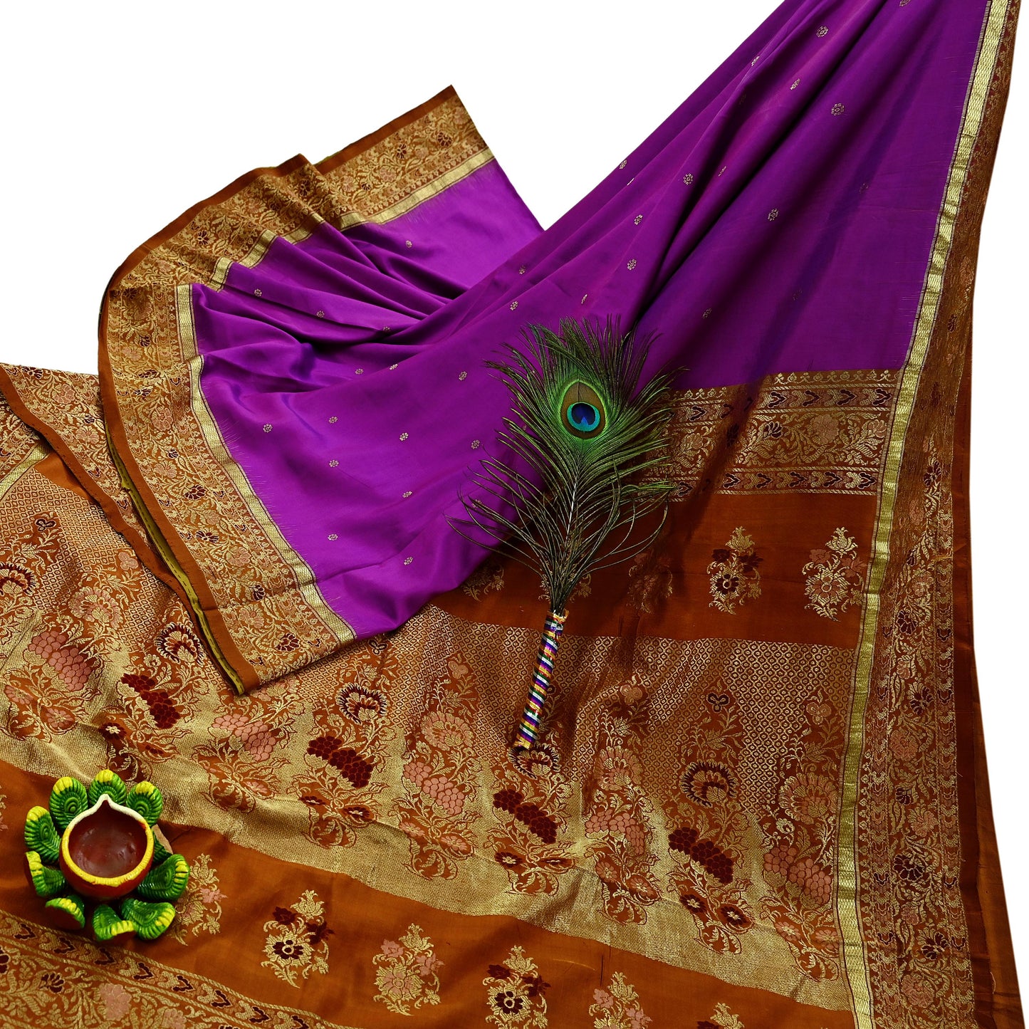 Indian Vintage Heavy Saffron & Purple Kanjivaram Saree 100% Pure Silk Sari Zari 5Yd Floral Crafting Dress making Crafting Quilting