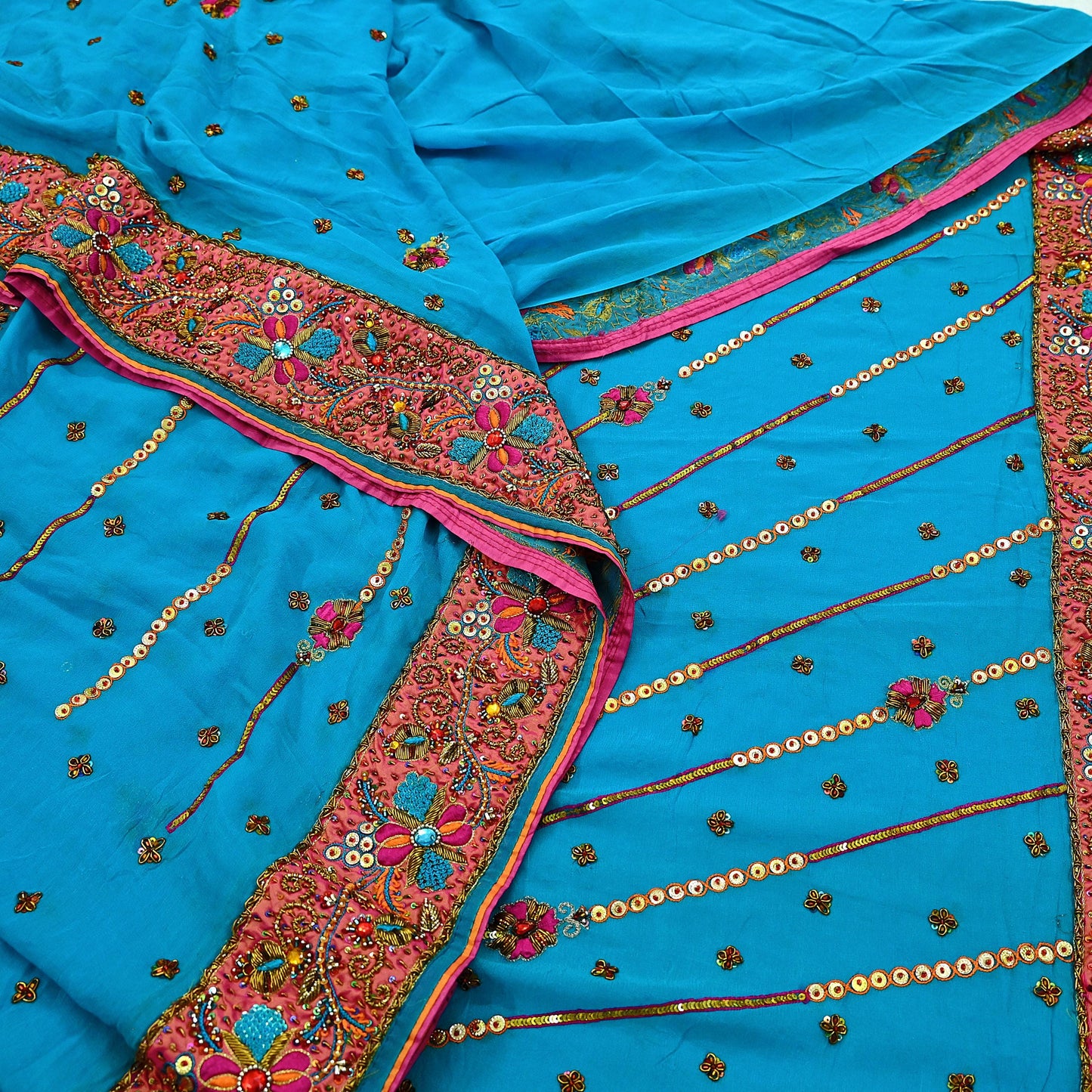 Indian Vintage Heavy Sarees Blue Pure Georgette Silk Hand Embroidered Sari Fabric 5Yd Sewing Ethnic Zardozi/dabka zari Wedding sarees