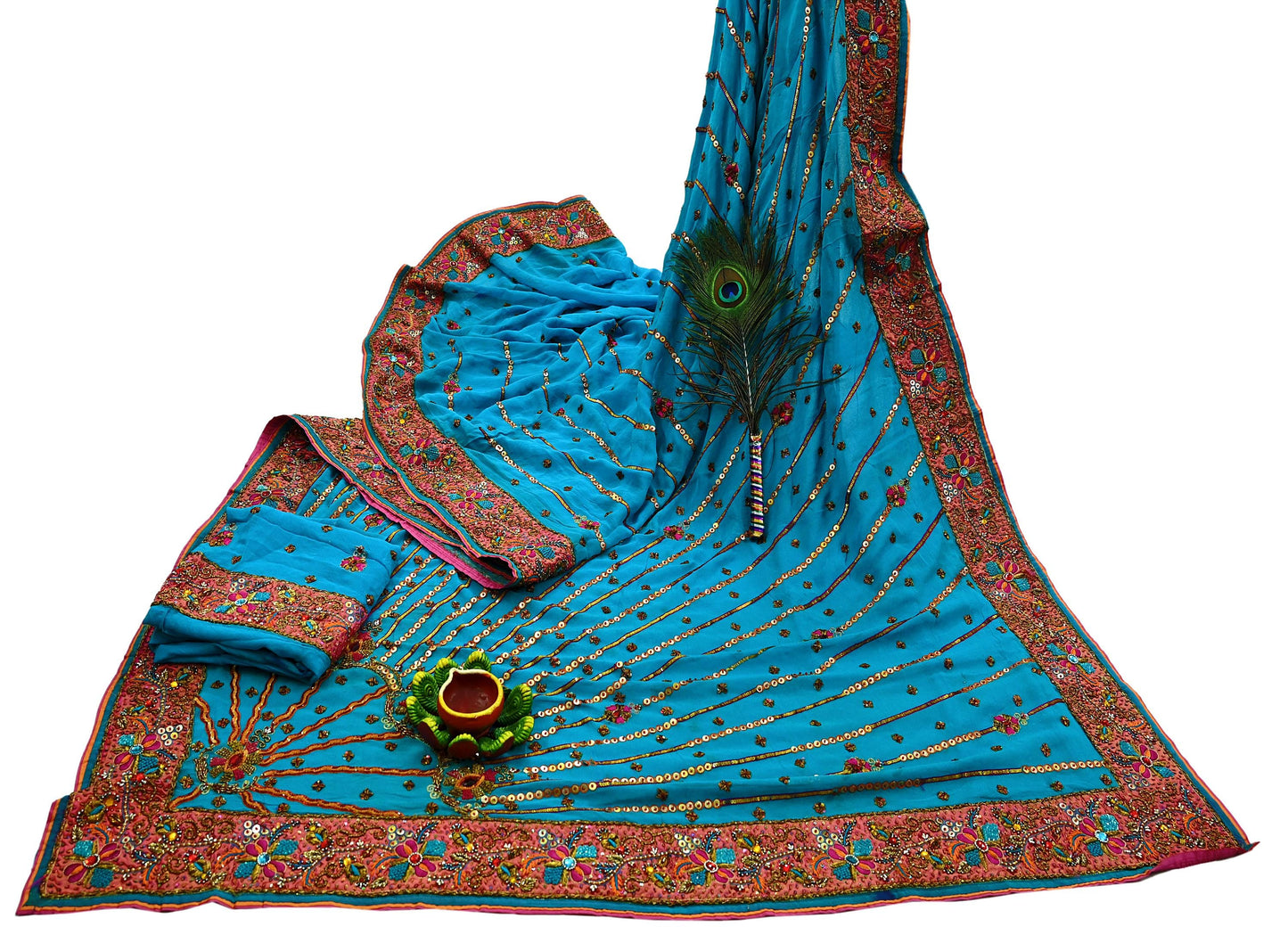 Indian Vintage Heavy Sarees Blue Pure Georgette Silk Hand Embroidered Sari Fabric 5Yd Sewing Ethnic Zardozi/dabka zari Wedding sarees