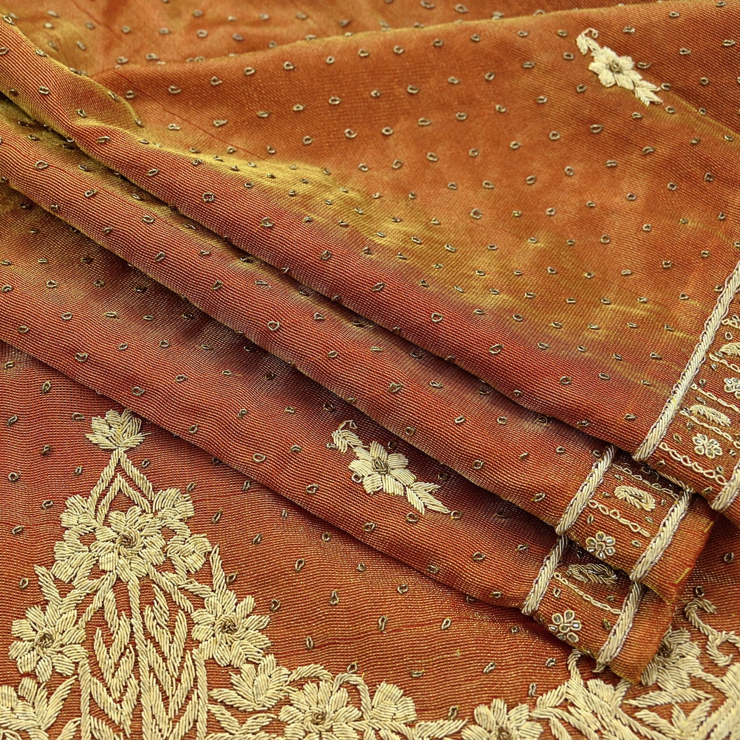 Indian Vintage Heavy Golden Dupatta Pure Tissue Silk Long Stole Hand Embroidered Scarves Zari Zardozi/Dabka