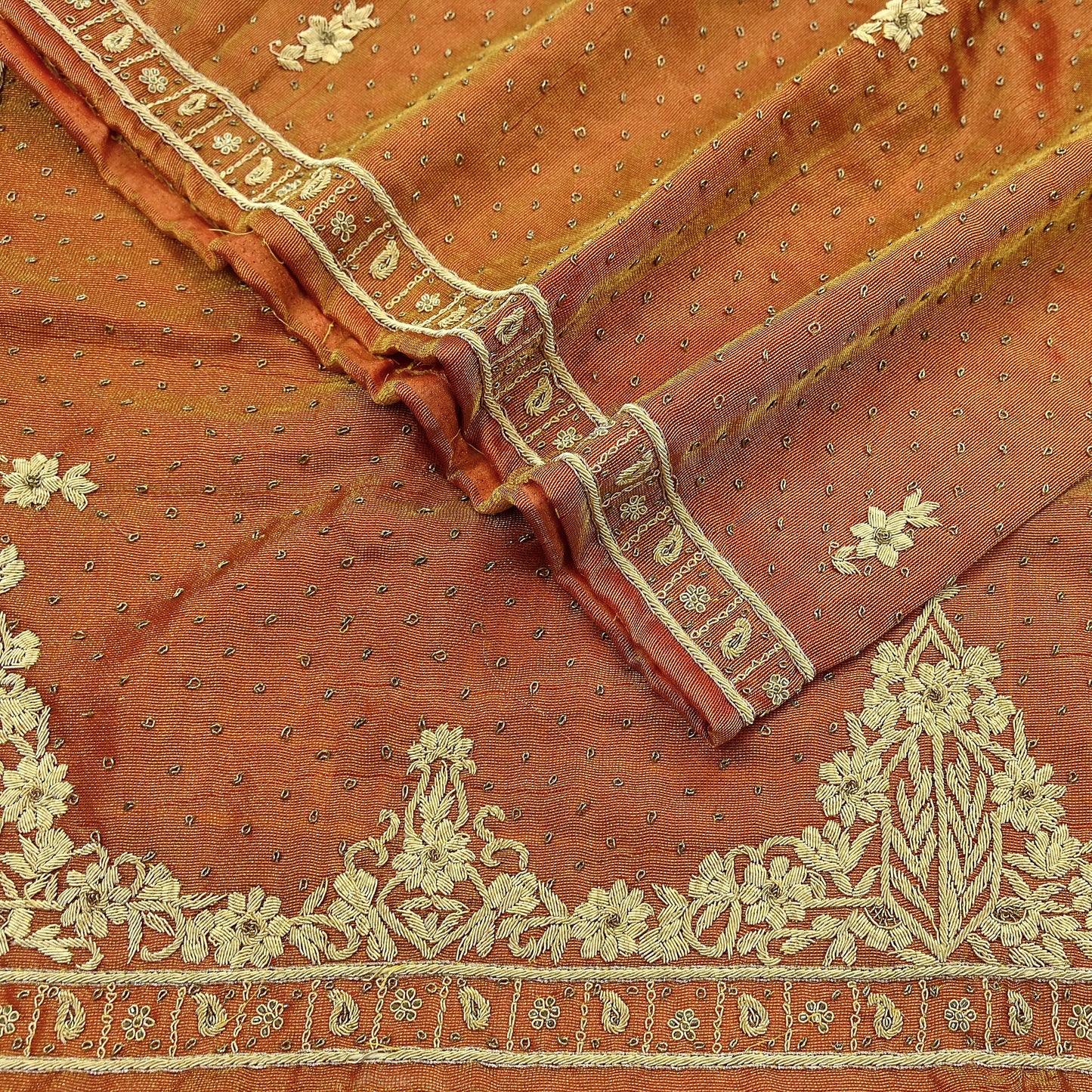 Indian Vintage Heavy Golden Dupatta Pure Tissue Silk Long Stole Hand Embroidered Scarves Zari Zardozi/Dabka