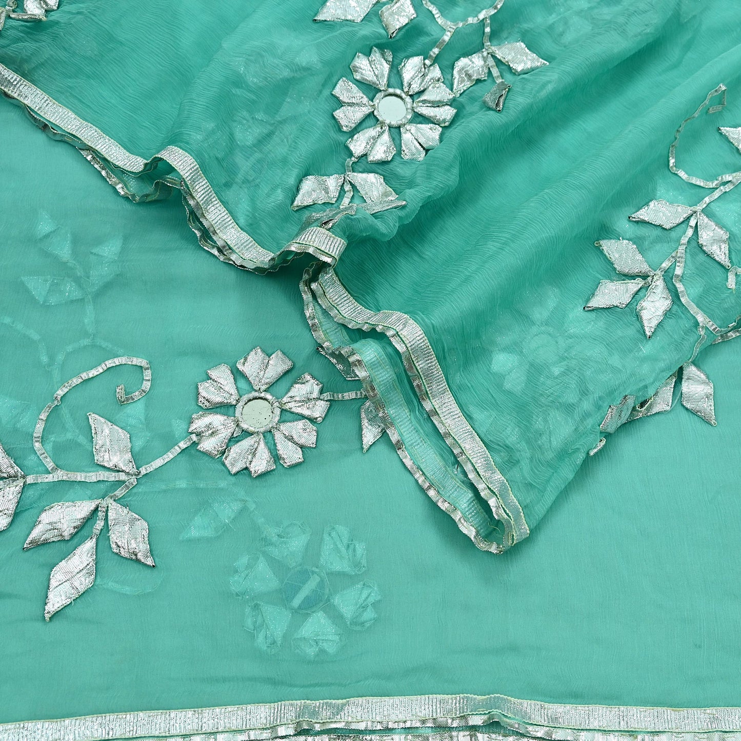 Indian Vintage Heavy Green Dupatta Pure Chiffon silk Long Stole Hand Embroidered Scarves Floral Design Stole Veil Wrap Gota patti Mirror
