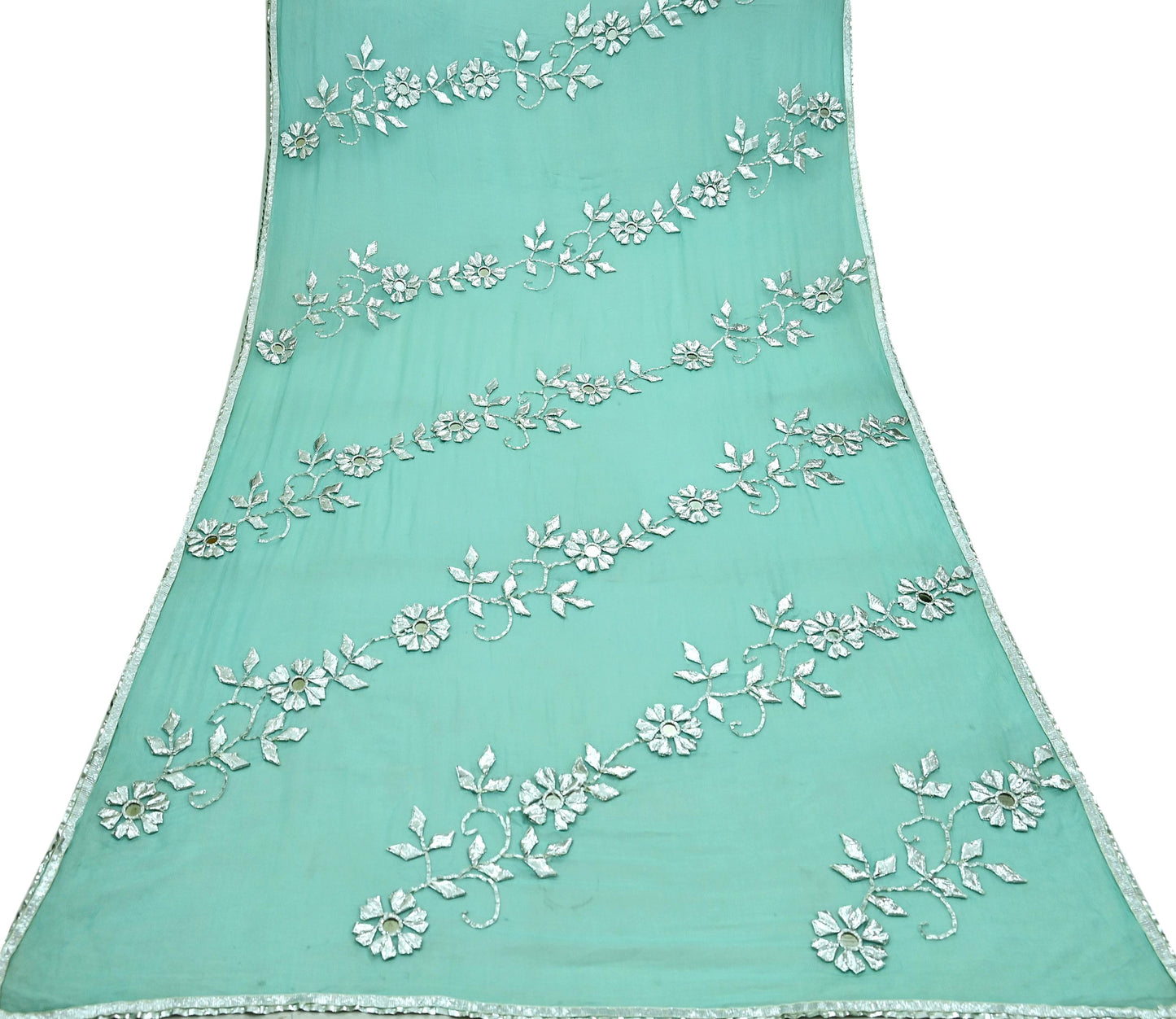 Indian Vintage Heavy Green Dupatta Pure Chiffon silk Long Stole Hand Embroidered Scarves Floral Design Stole Veil Wrap Gota patti Mirror
