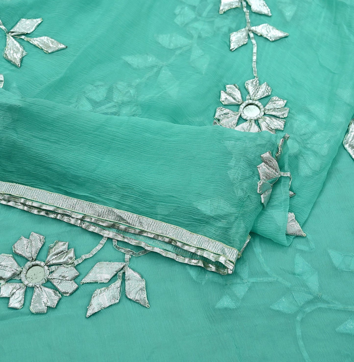 Indian Vintage Heavy Green Dupatta Pure Chiffon silk Long Stole Hand Embroidered Scarves Floral Design Stole Veil Wrap Gota patti Mirror