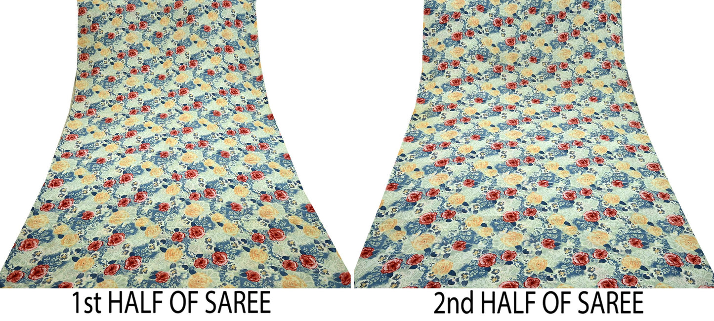 Indian Vintage Sari Green & Gray Pure Crepe Silk Printed Sarees 5yd Sewing Soft Craft Fabric Wrap Upcycle Quilting Crafting Dress making