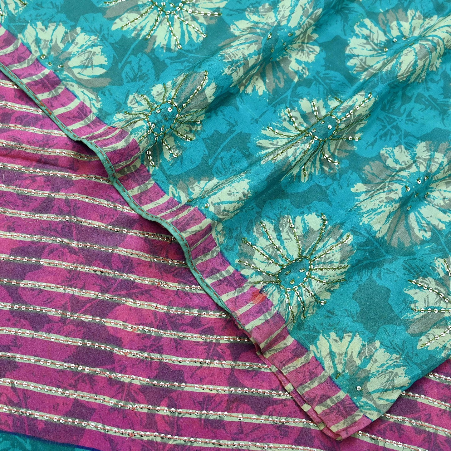 Indian Vintage Sari Green & Pink Pure Crepe Silk Hand Embroidered Saree 5yd Sewing Floral Craft Sequins Dress making Crafting Quilting