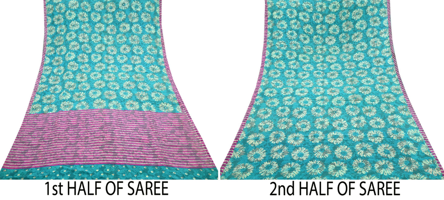 Indian Vintage Sari Green & Pink Pure Crepe Silk Hand Embroidered Saree 5yd Sewing Floral Craft Sequins Dress making Crafting Quilting