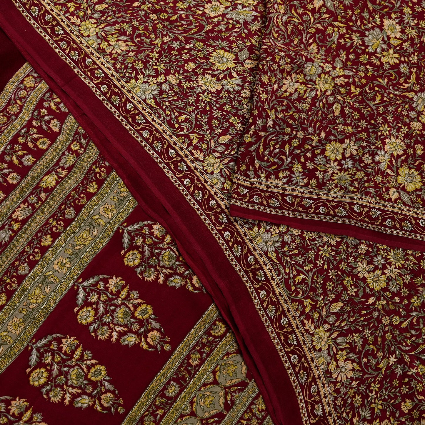 Indian Vintage Maroon Saree Pure Crepe Silk Printed Sari 5yd Sewing Floral Soft Craft Fabric Ethnic Wrap Dress making For Crafting Quilting