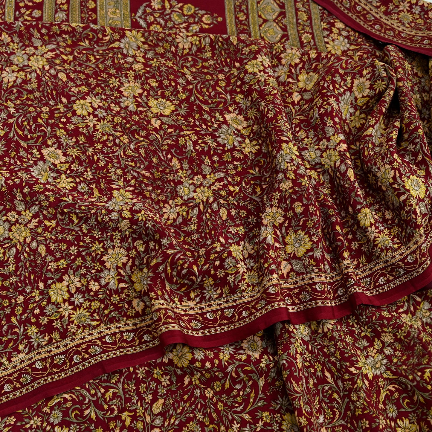 Indian Vintage Maroon Saree Pure Crepe Silk Printed Sari 5yd Sewing Floral Soft Craft Fabric Ethnic Wrap Dress making For Crafting Quilting