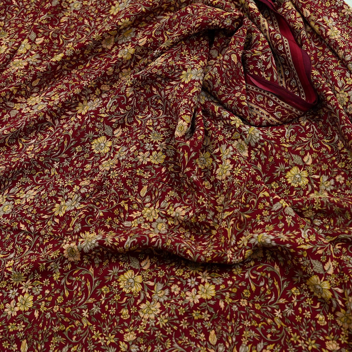 Indian Vintage Maroon Saree Pure Crepe Silk Printed Sari 5yd Sewing Floral Soft Craft Fabric Ethnic Wrap Dress making For Crafting Quilting