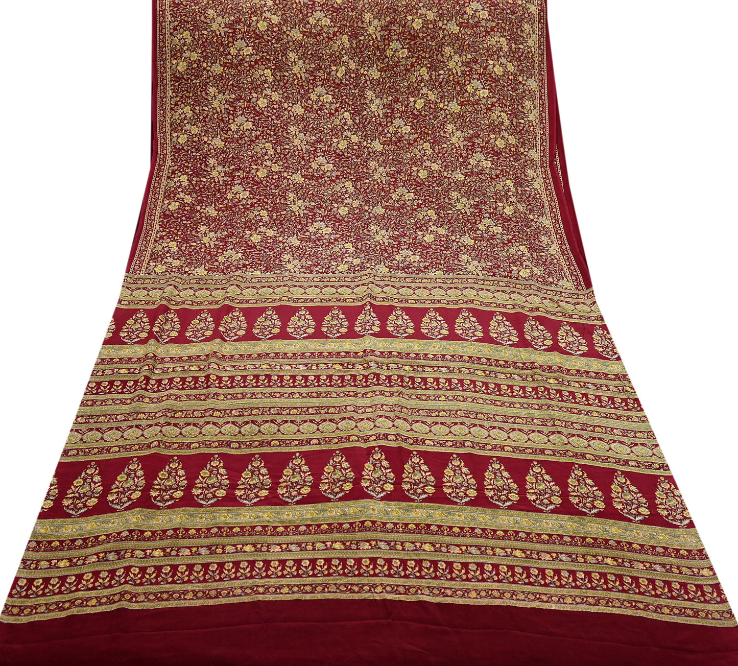 Indian Vintage Maroon Saree Pure Crepe Silk Printed Sari 5yd Sewing Floral Soft Craft Fabric Ethnic Wrap Dress making For Crafting Quilting