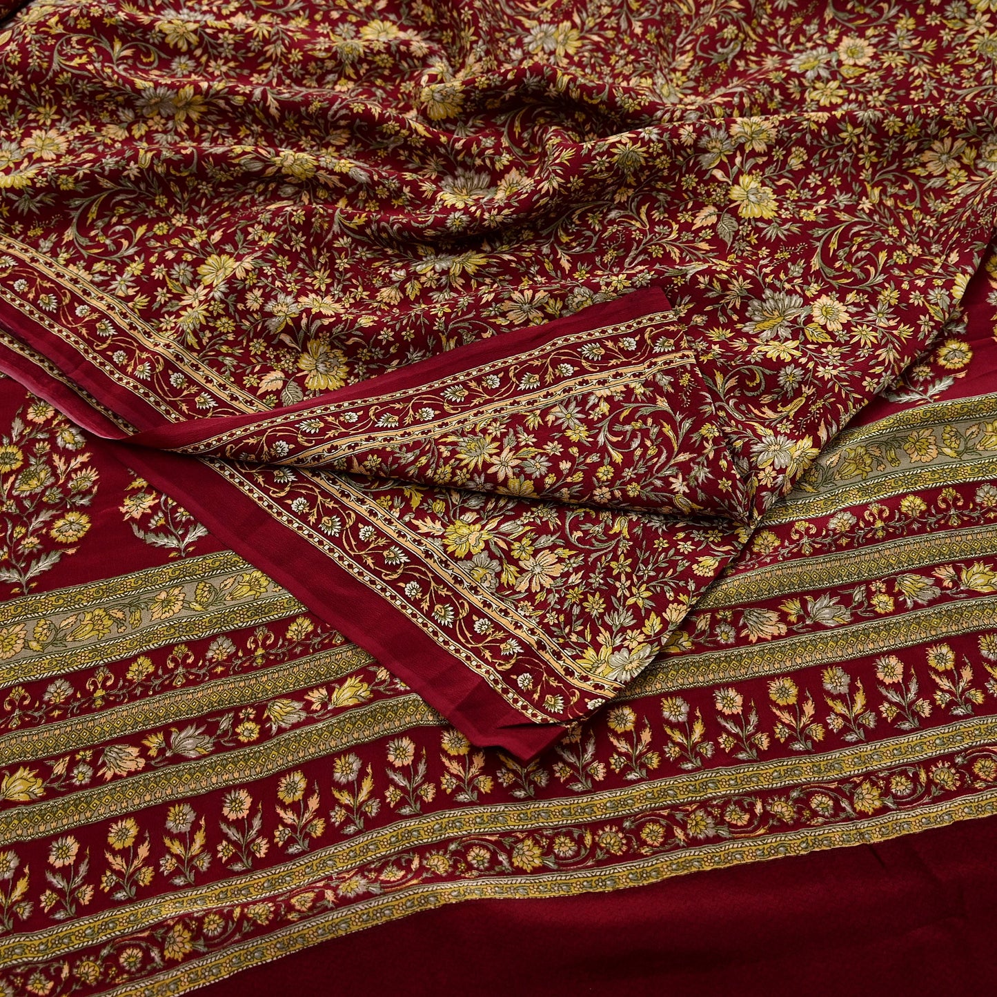 Indian Vintage Maroon Saree Pure Crepe Silk Printed Sari 5yd Sewing Floral Soft Craft Fabric Ethnic Wrap Dress making For Crafting Quilting