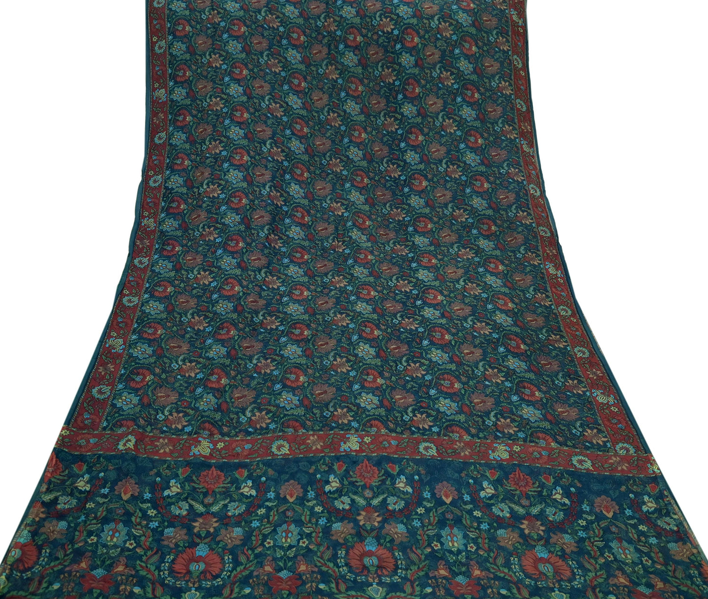 Indian Vintage Sari Green Pure Chiffon Silk Printed Sarees Craft Fabric Sewing 5Yard Soft Light Sari Dress Making Quilting Upcycle Crfating