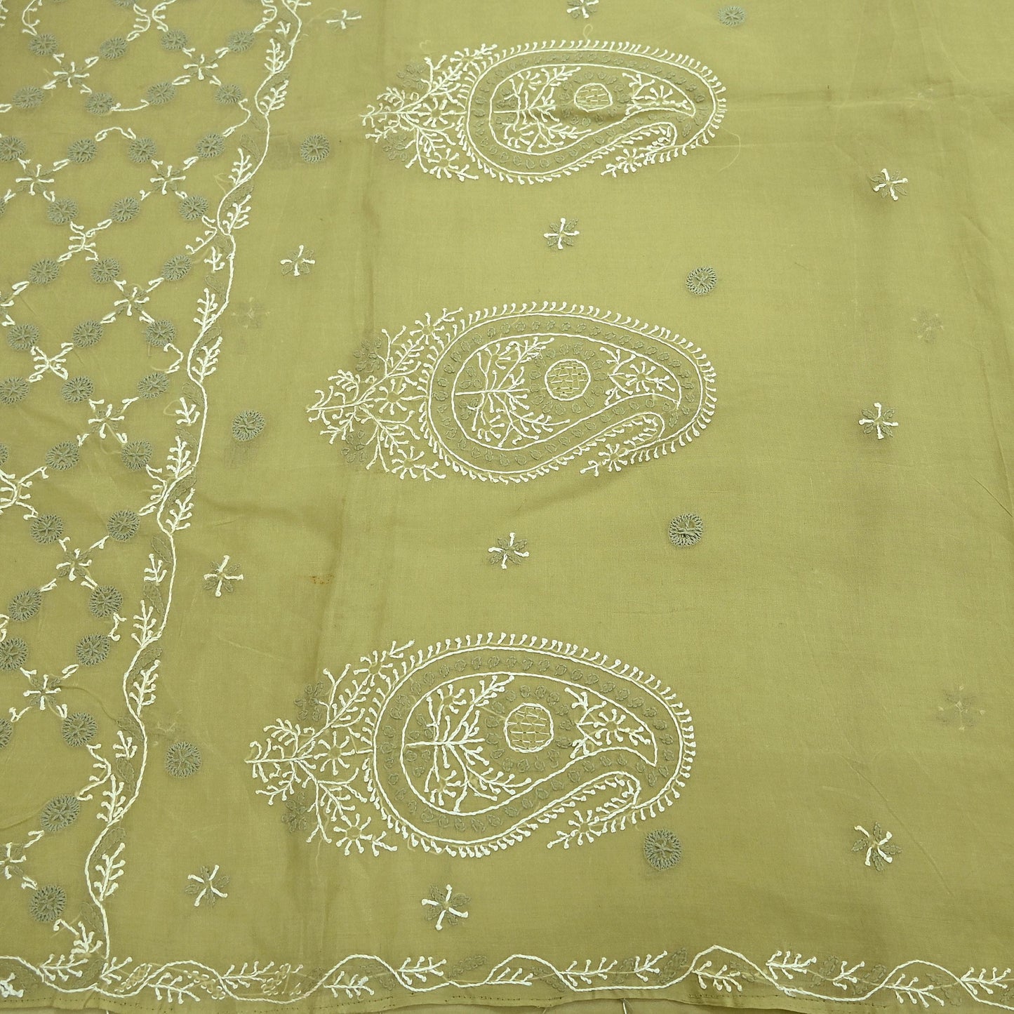 Indian Vintage Sari Green Cotton Hand Embroidered Kantha Sarees Craft Fabric 5yd Sewing Floral Soft Dress Making Crafting Upcycle Quilting