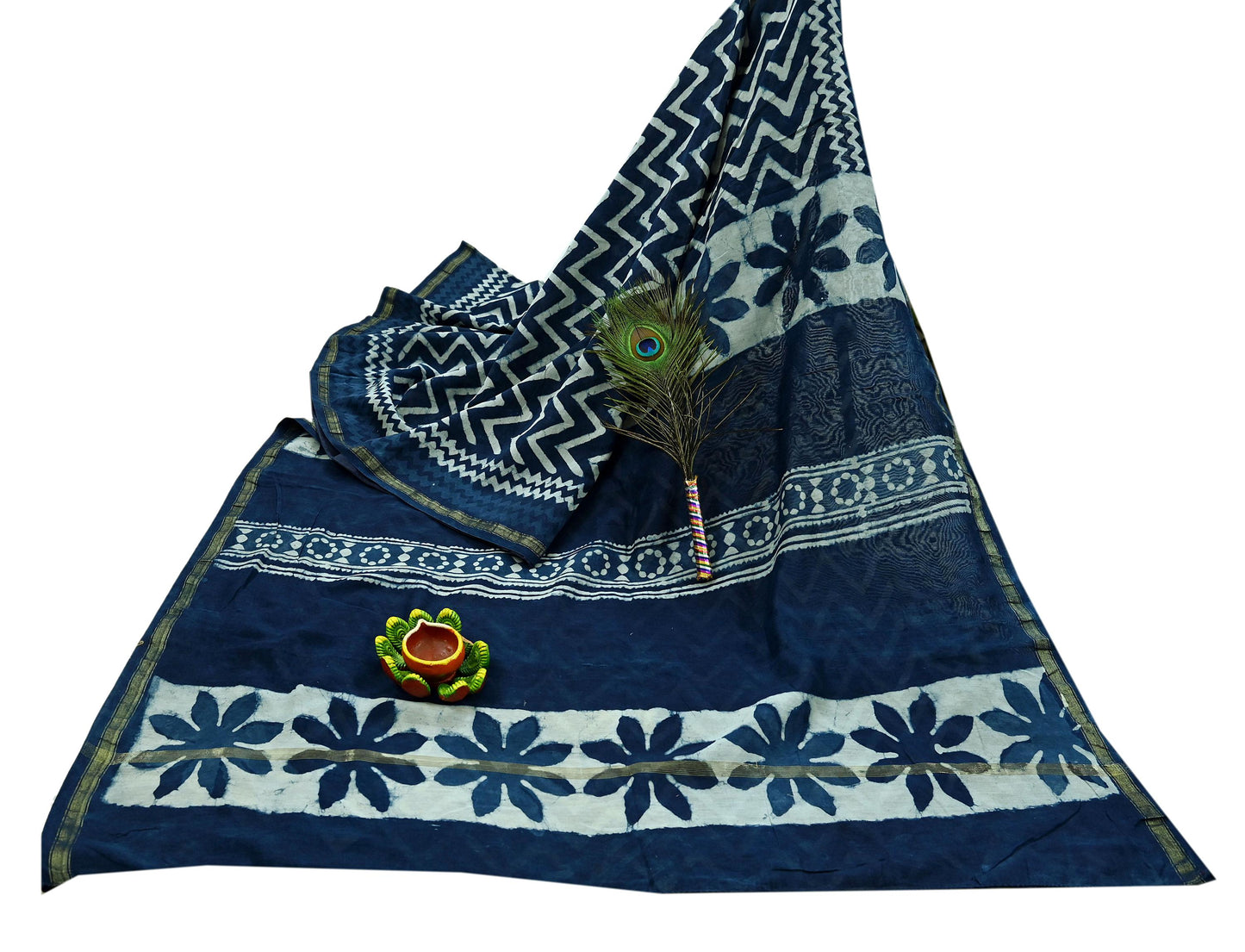 Indian Vintage Sari Blue Pure chanderi Silk Bagru Printed Sarees Fabric 5Yd Floral Soft Golden Zari Border Ethnic Dress making Upcycle