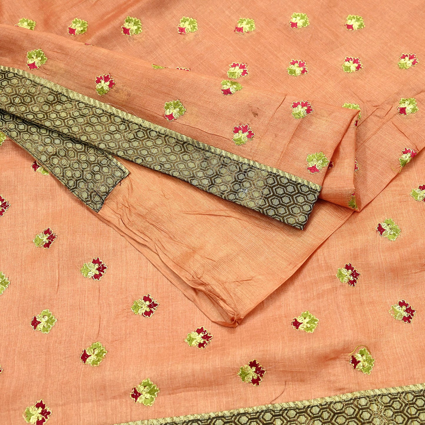 Indian Vintage Peach Sari Pure Tussar Silk Hand Embroidered Sarees Craft Fabric 5Yd Sewing Ethnic Sequins Dress making Crafting Quilting